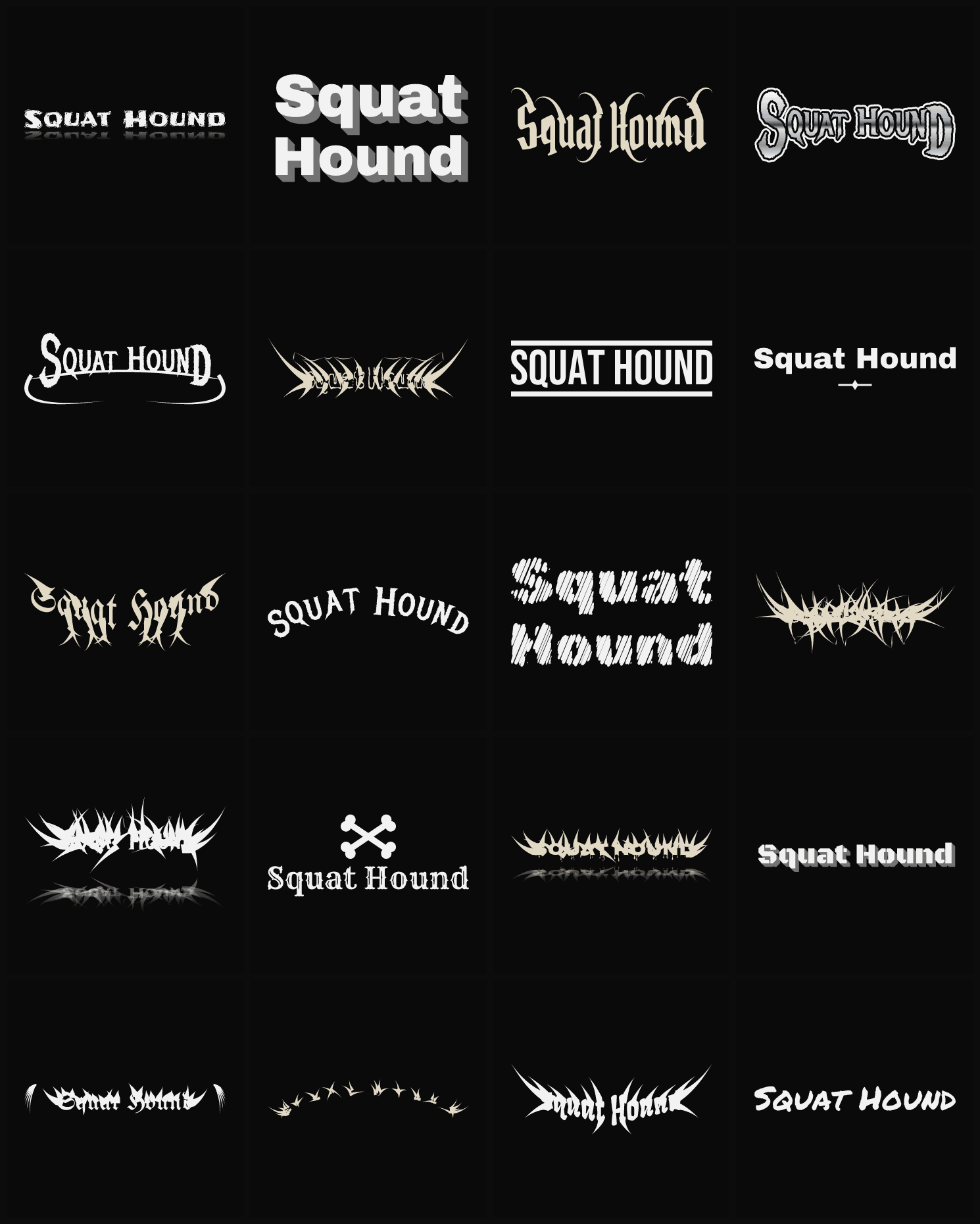 Twenty Squat Hound band logo ideas — different faces, treatments and spike settings