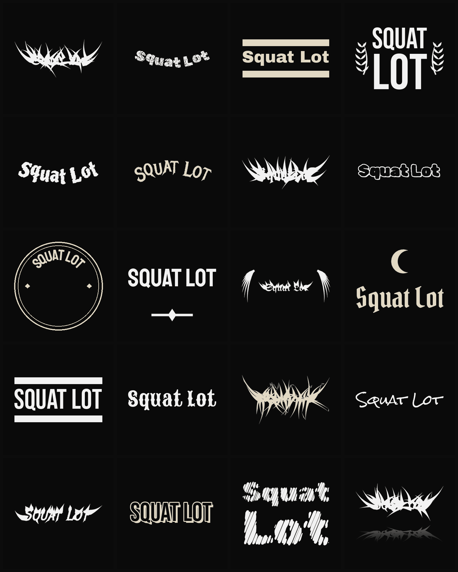Twenty Squat Lot band logo ideas — different faces, treatments and spike settings