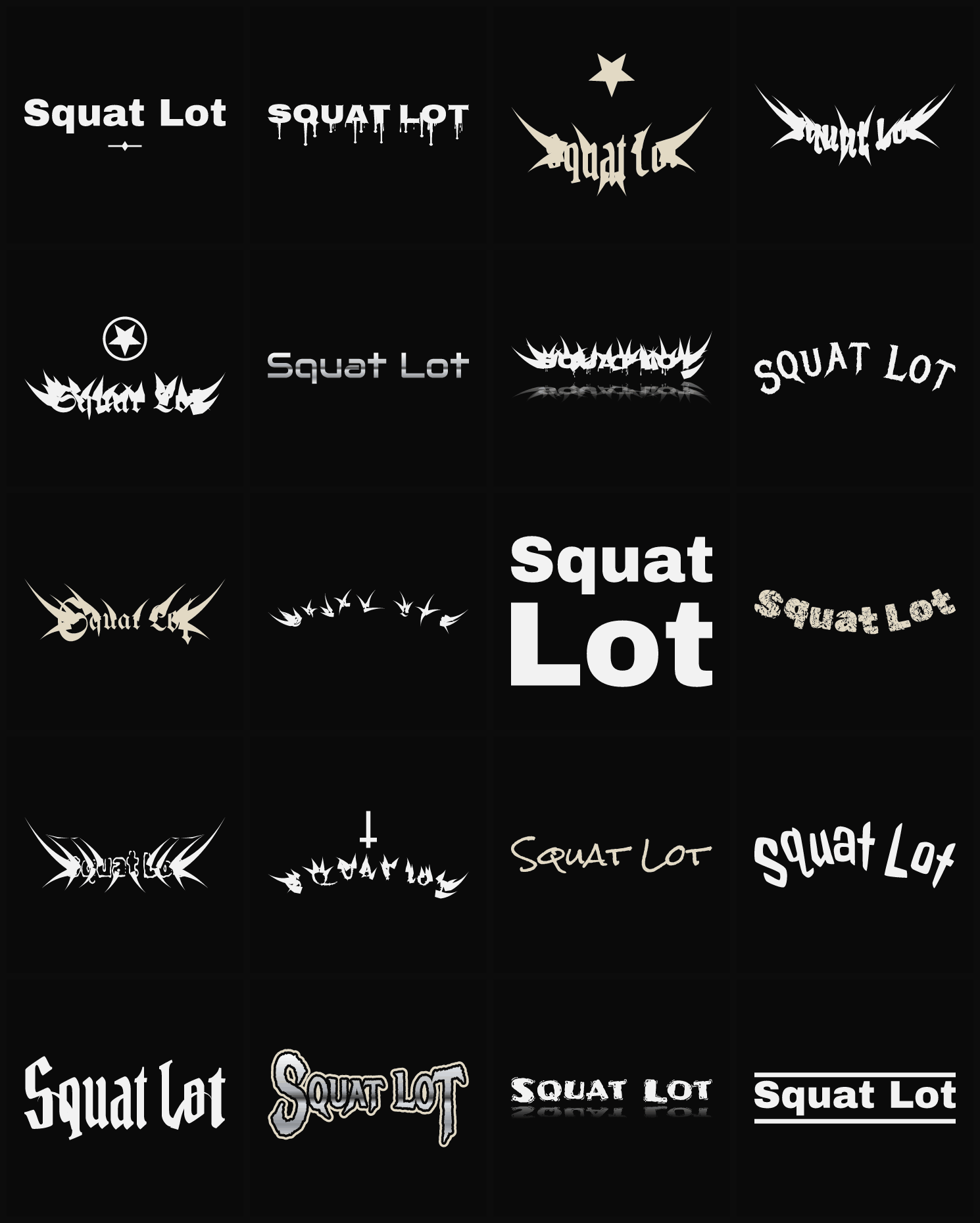 Twenty Squat Lot band logo ideas — different faces, treatments and spike settings