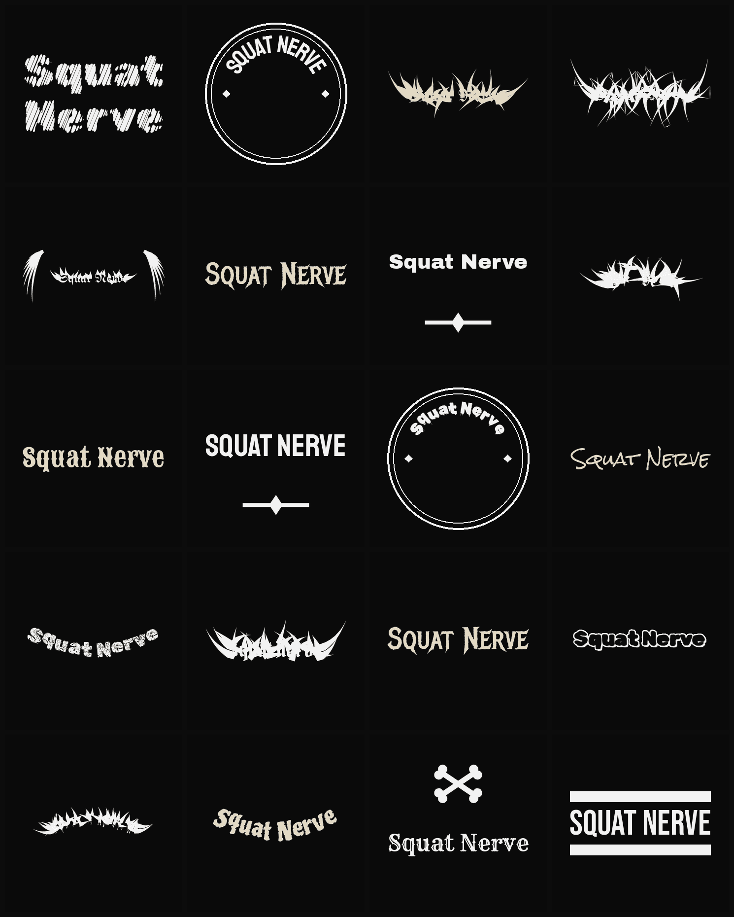 Twenty Squat Nerve band logo ideas — different faces, treatments and spike settings