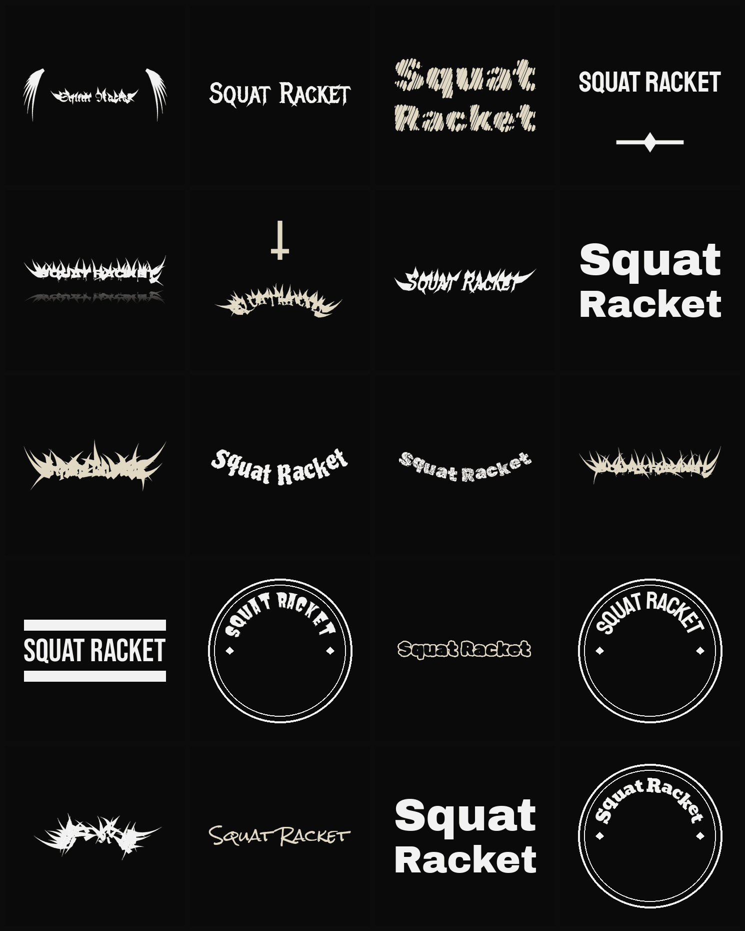 Twenty Squat Racket band logo ideas — different faces, treatments and spike settings