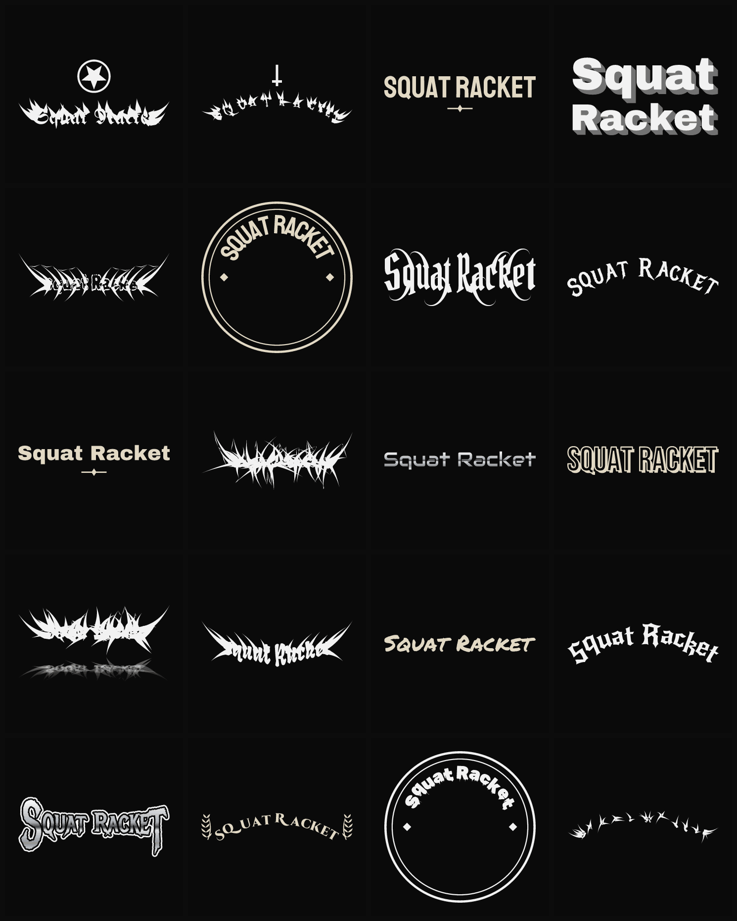 Twenty Squat Racket band logo ideas — different faces, treatments and spike settings