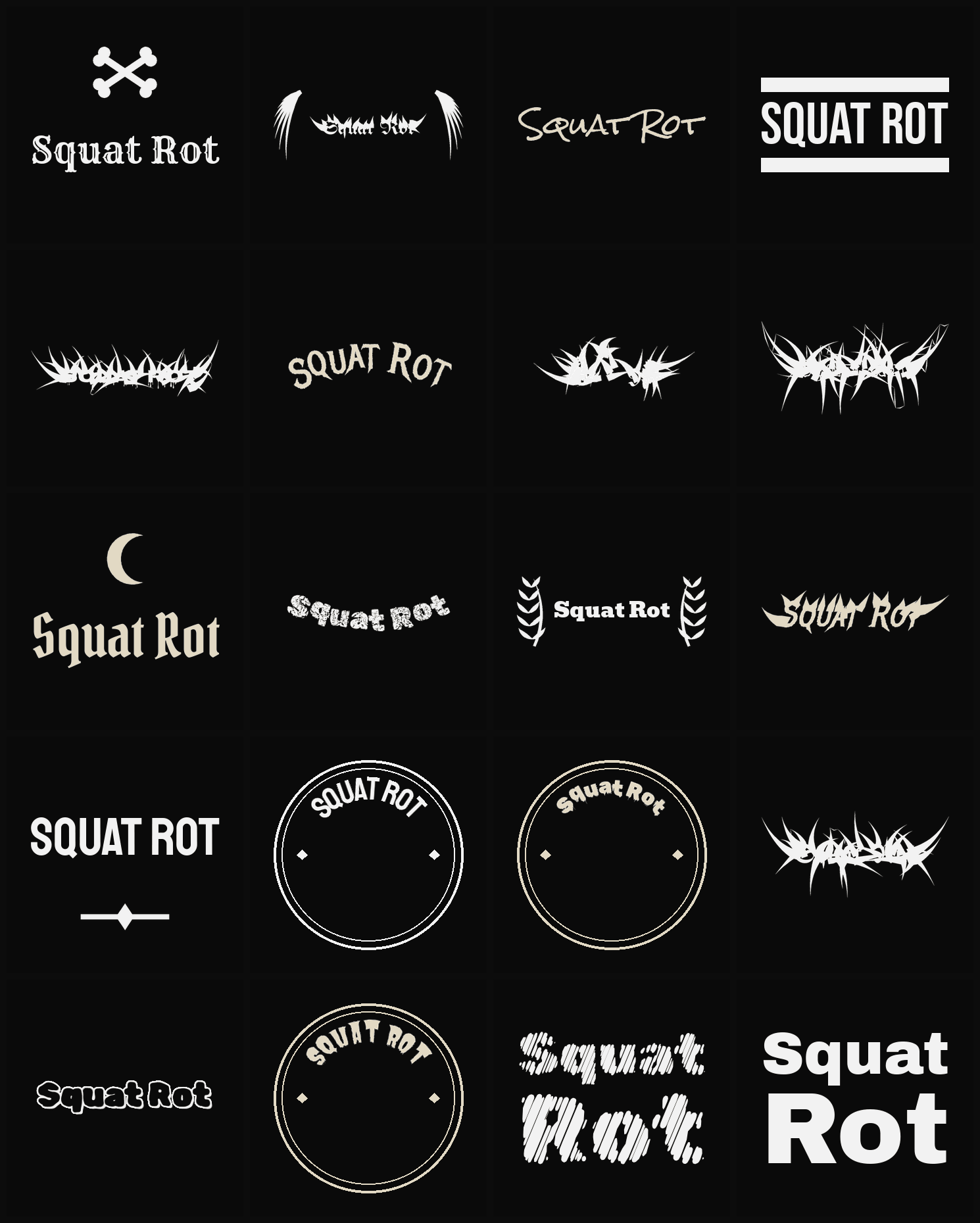 Twenty Squat Rot band logo ideas — different faces, treatments and spike settings