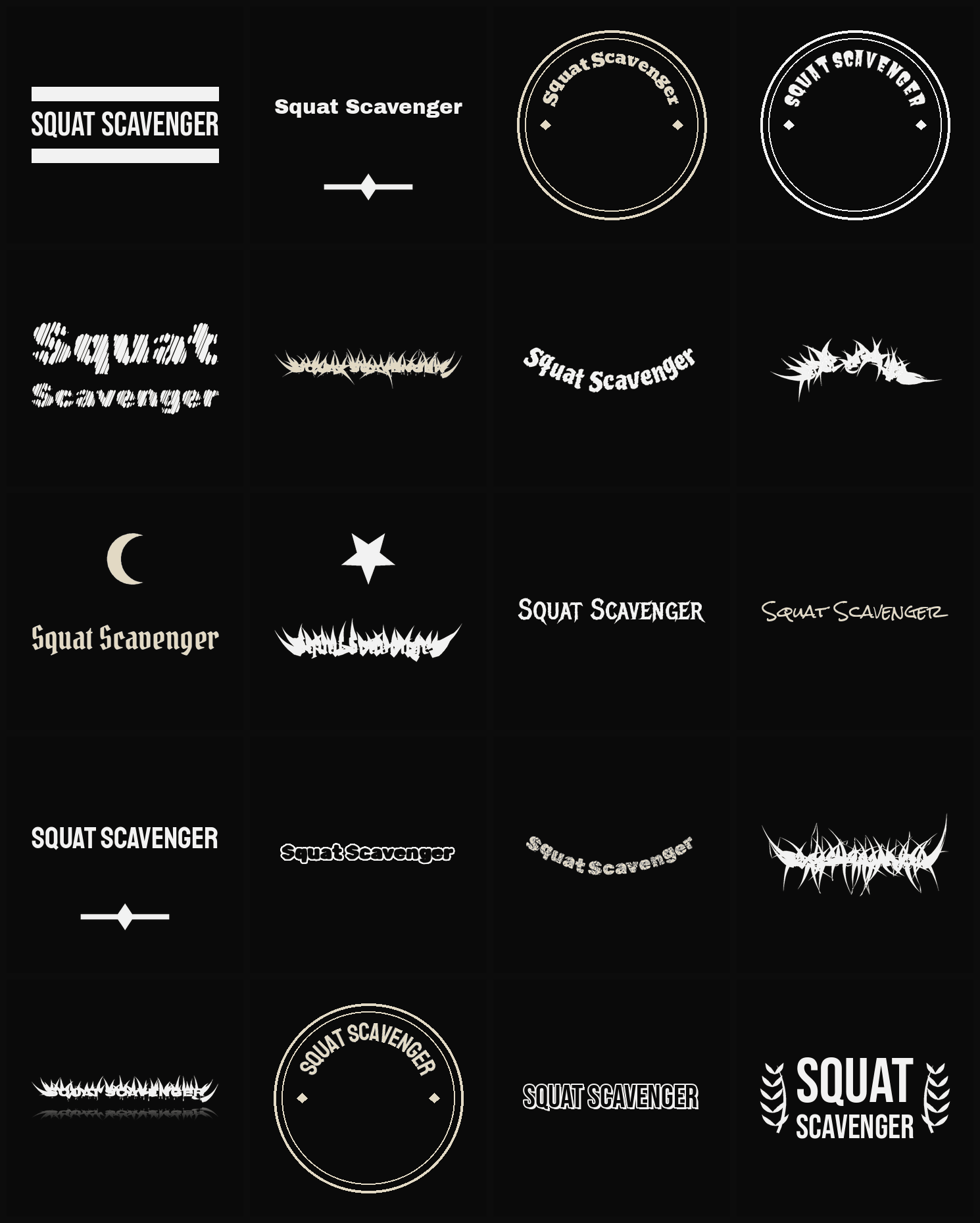 Twenty Squat Scavenger band logo ideas — different faces, treatments and spike settings