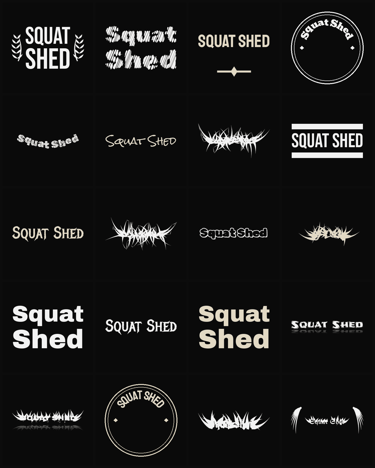 Twenty Squat Shed band logo ideas — different faces, treatments and spike settings