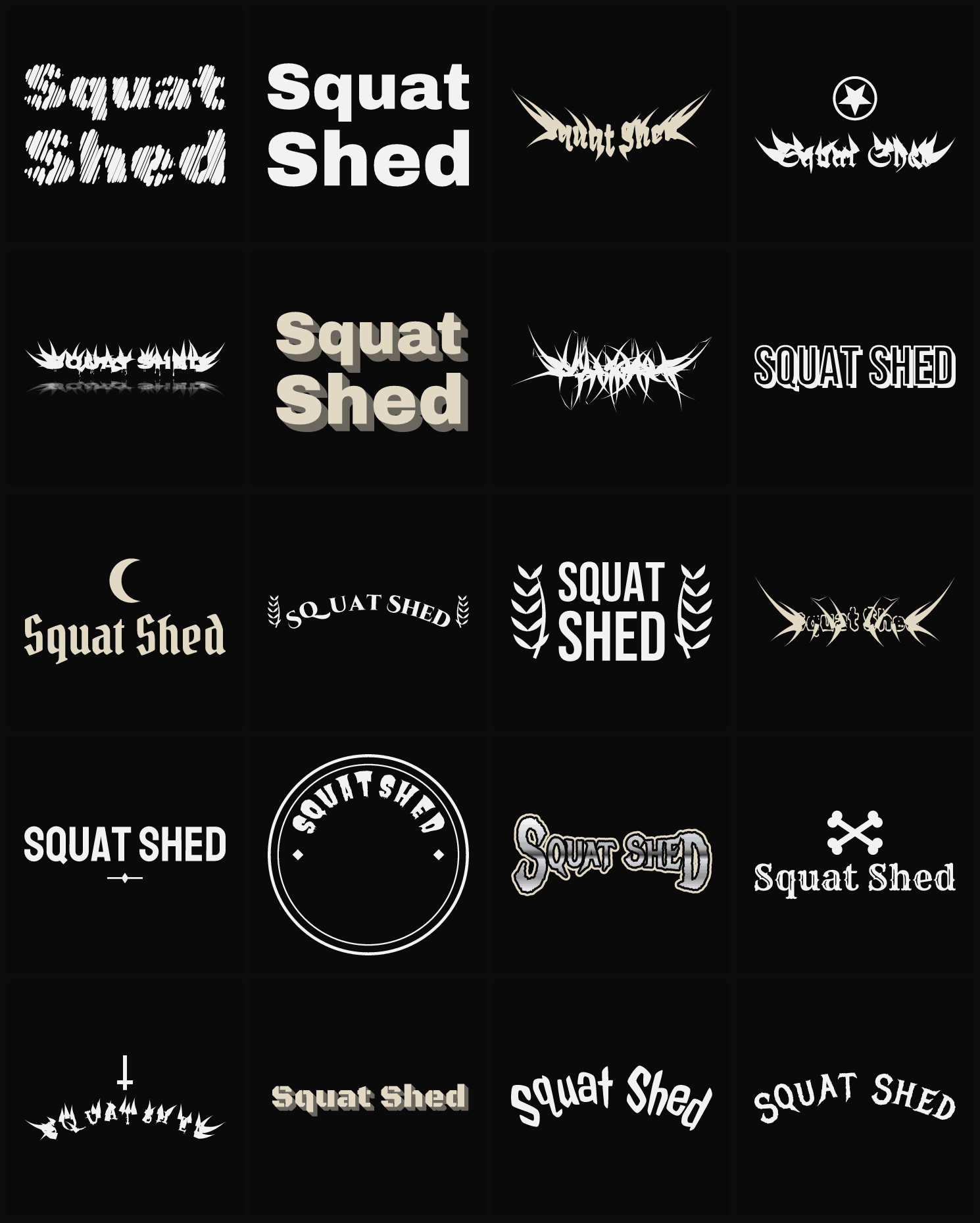 Twenty Squat Shed band logo ideas — different faces, treatments and spike settings