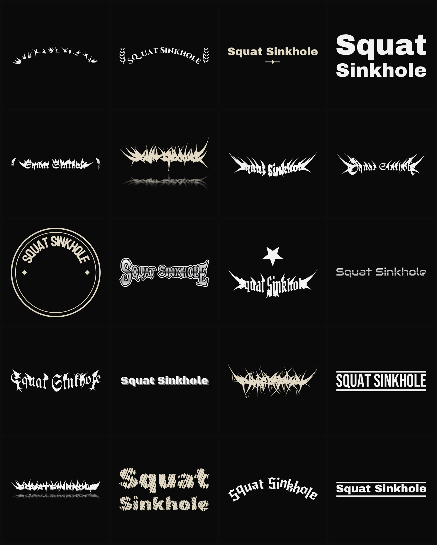 Twenty Squat Sinkhole band logo ideas — different faces, treatments and spike settings