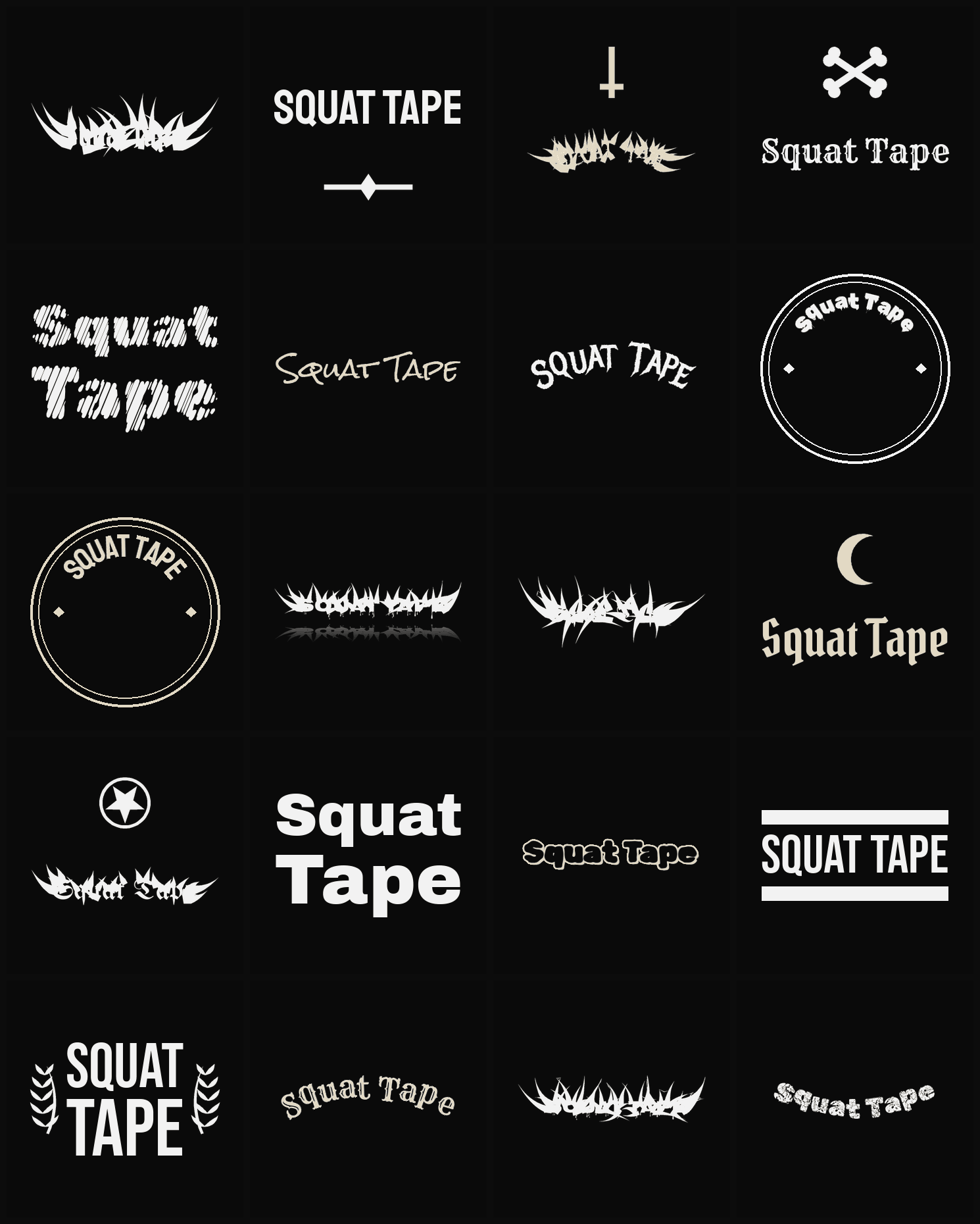 Twenty Squat Tape band logo ideas — different faces, treatments and spike settings