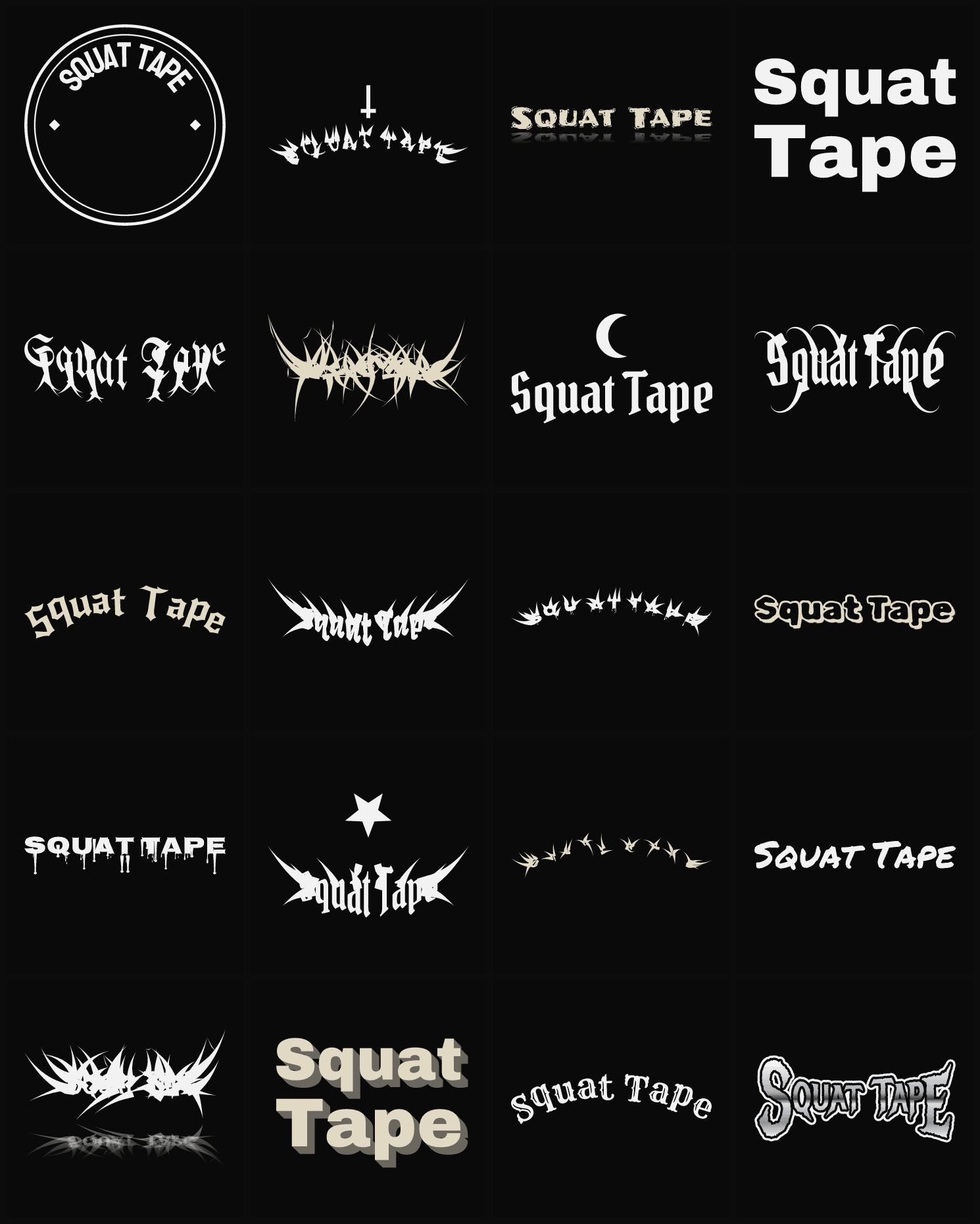 Twenty Squat Tape band logo ideas — different faces, treatments and spike settings