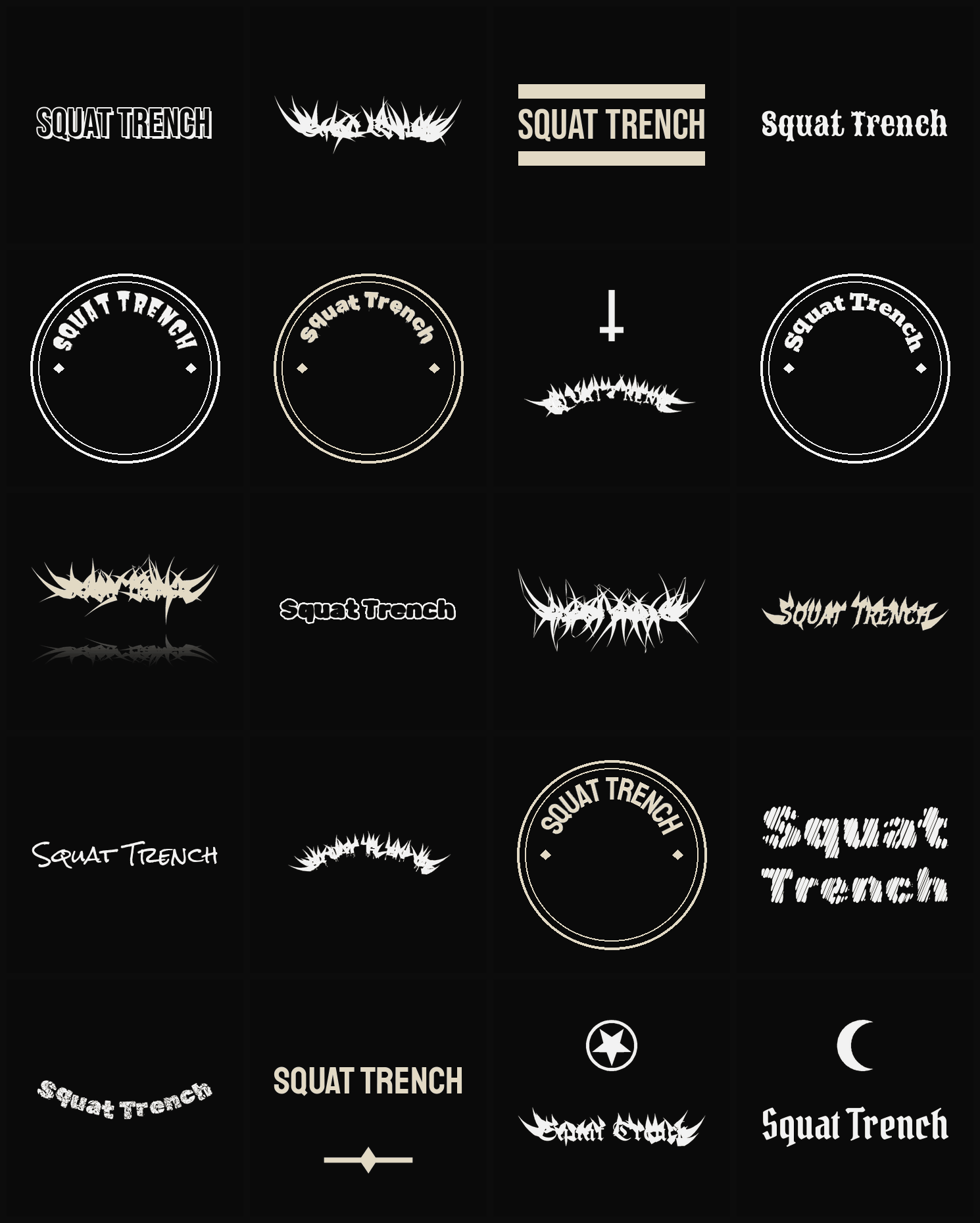 Twenty Squat Trench band logo ideas — different faces, treatments and spike settings
