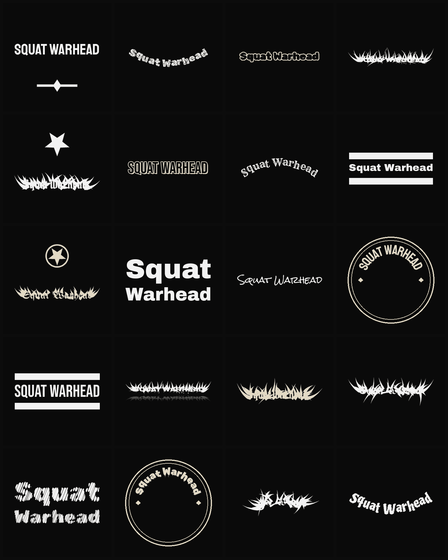 Twenty Squat Warhead band logo ideas — different faces, treatments and spike settings