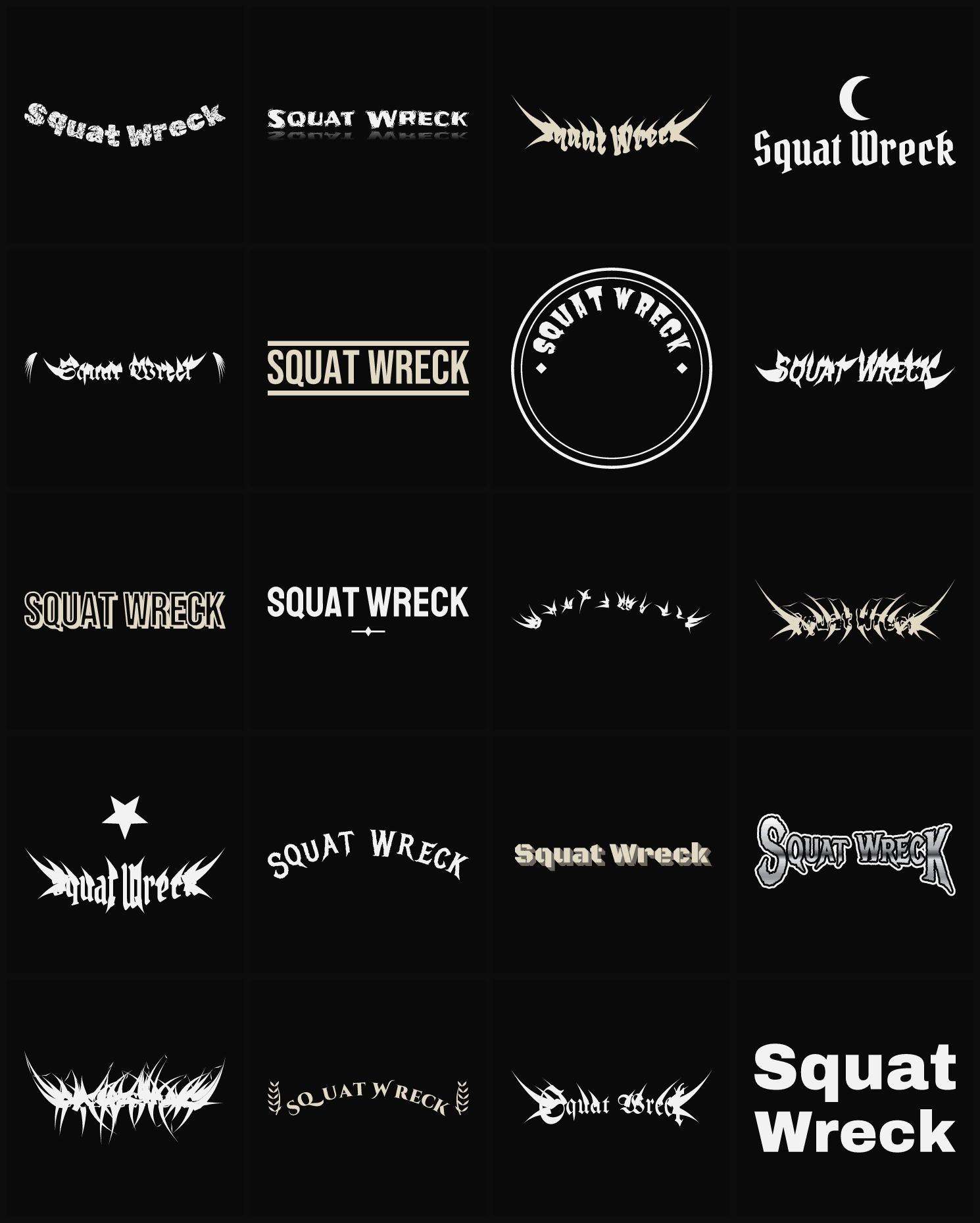 Twenty Squat Wreck band logo ideas — different faces, treatments and spike settings