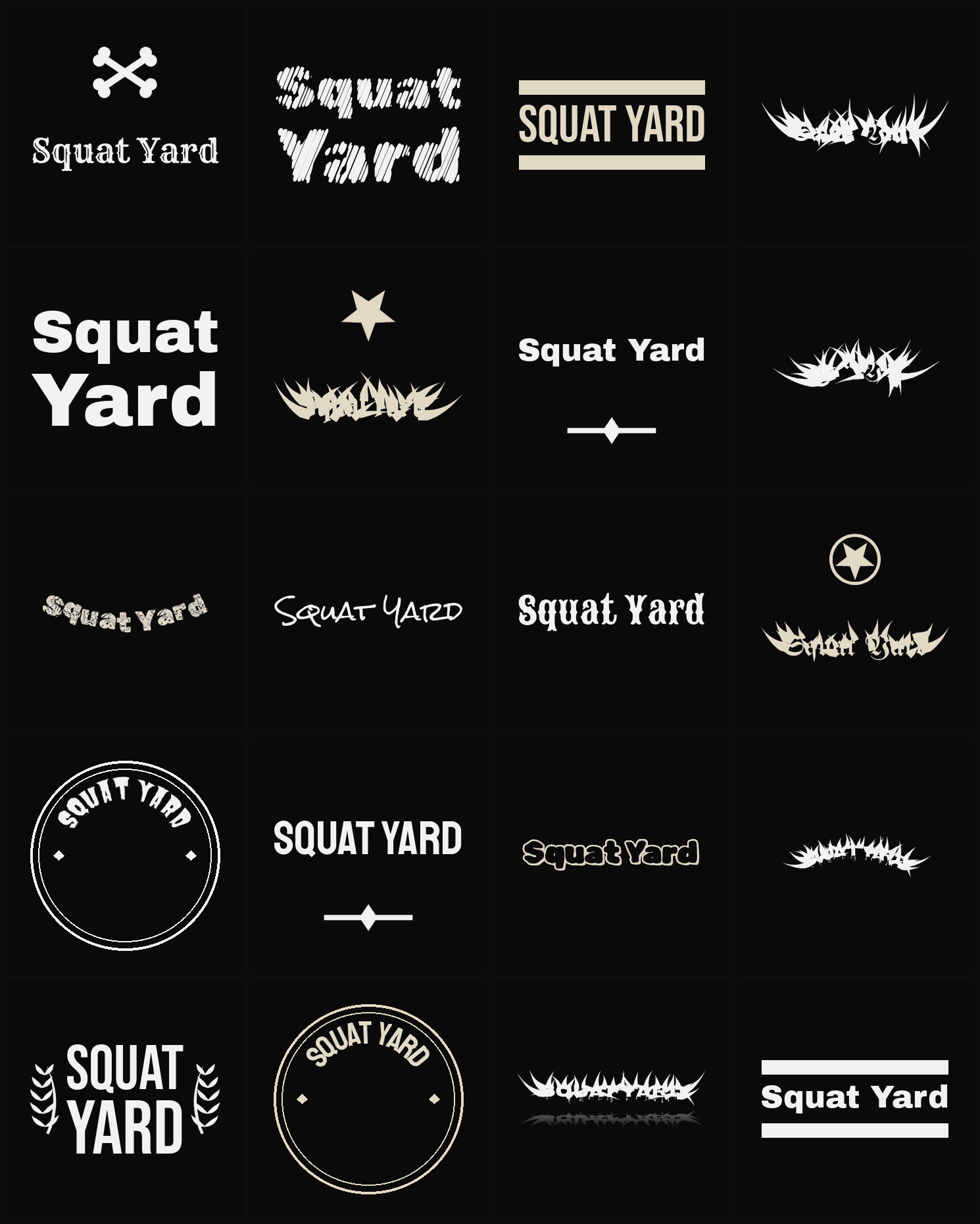Twenty Squat Yard band logo ideas — different faces, treatments and spike settings