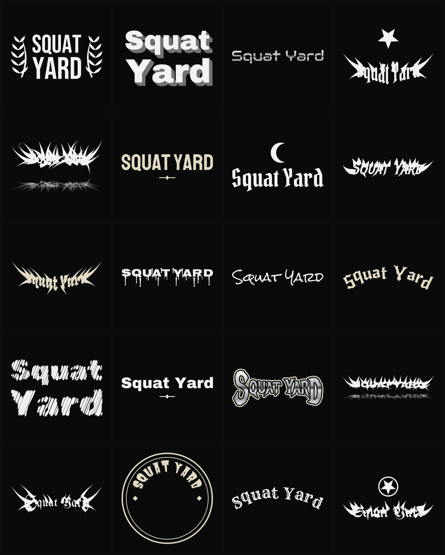 Twenty Squat Yard band logo ideas — different faces, treatments and spike settings