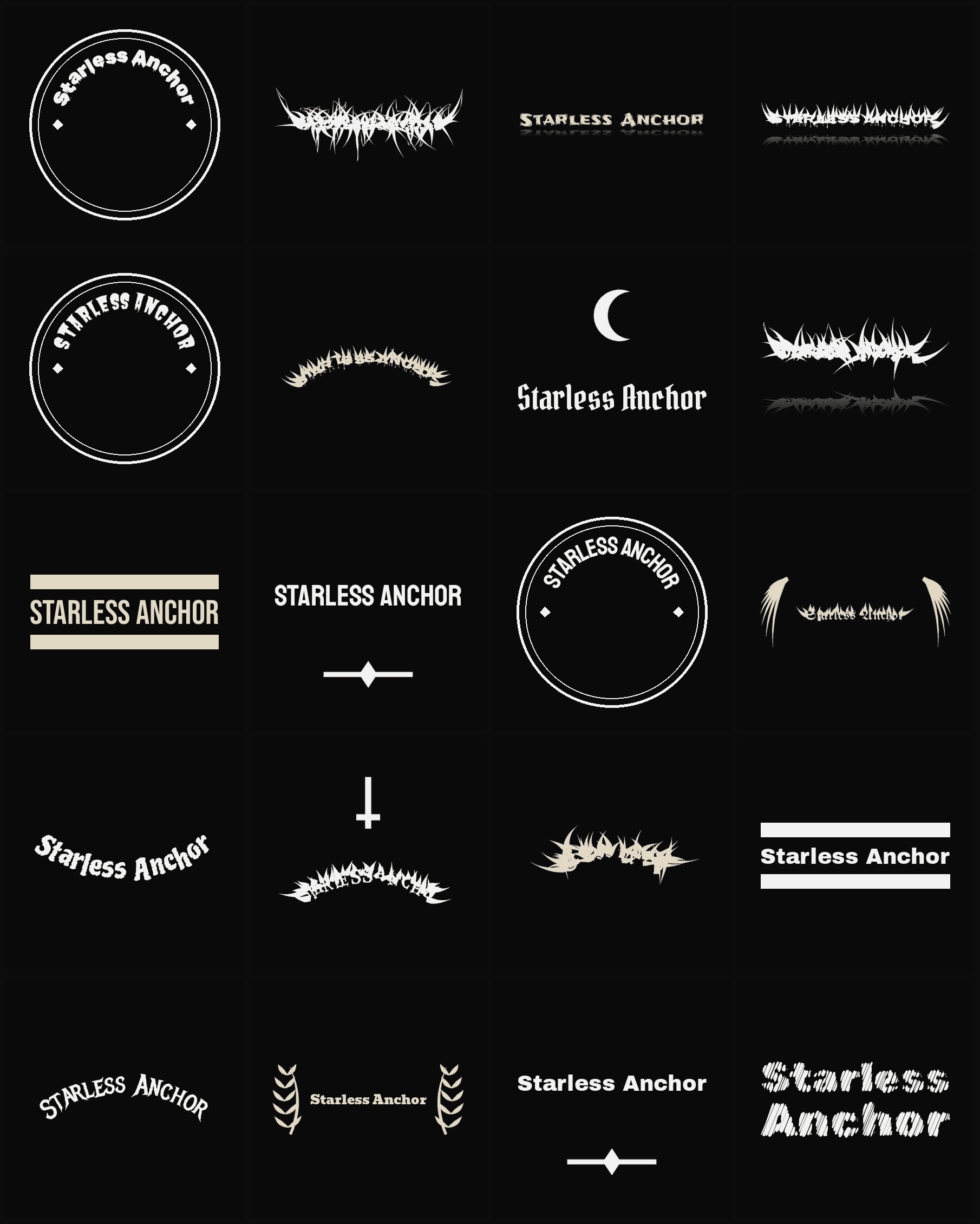 Twenty Starless Anchor band logo ideas — different faces, treatments and spike settings