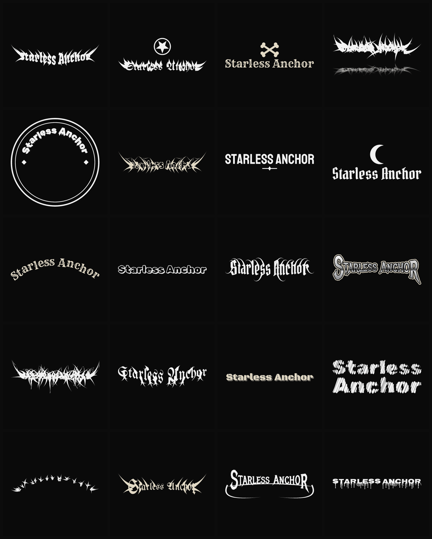 Twenty Starless Anchor band logo ideas — different faces, treatments and spike settings