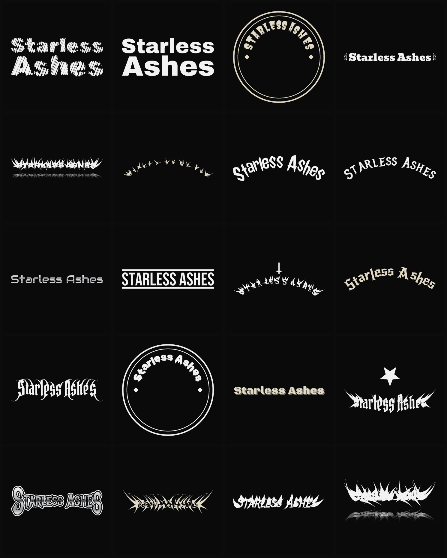 Twenty Starless Ashes band logo ideas — different faces, treatments and spike settings