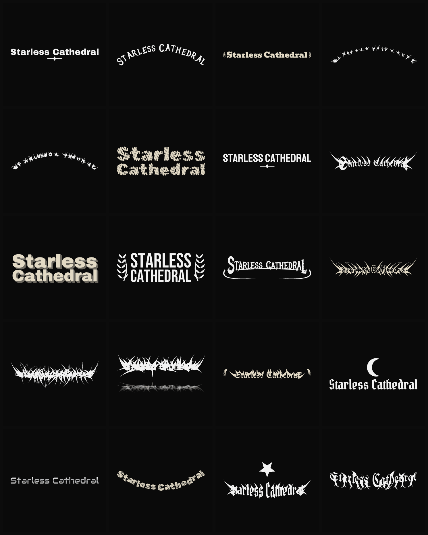 Twenty Starless Cathedral band logo ideas — different faces, treatments and spike settings