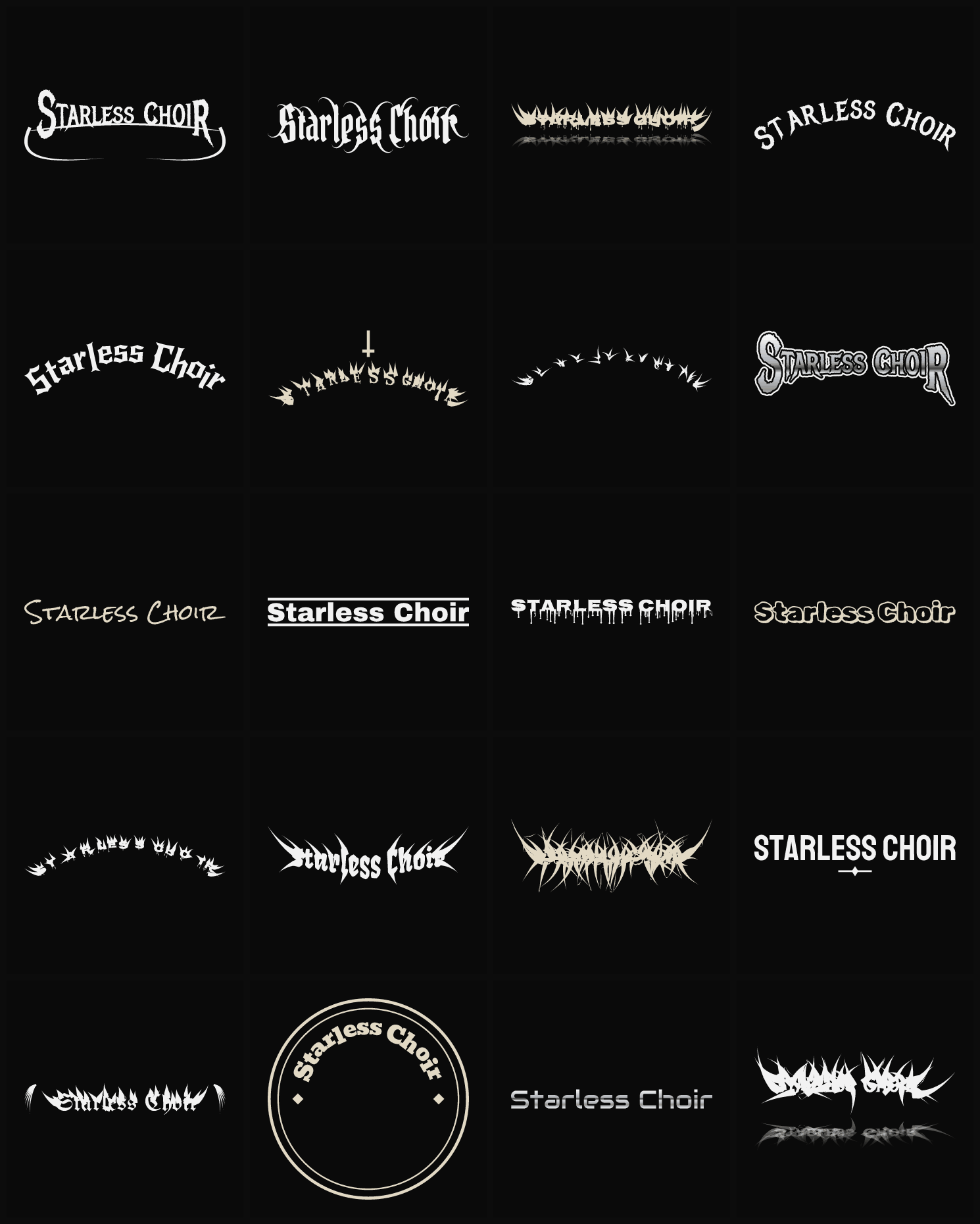 Twenty Starless Choir band logo ideas — different faces, treatments and spike settings