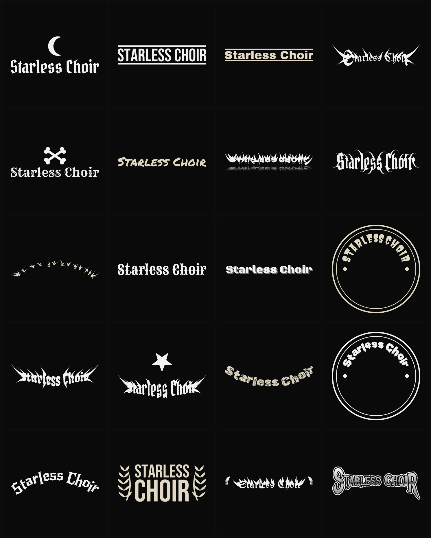 Twenty Starless Choir band logo ideas — different faces, treatments and spike settings