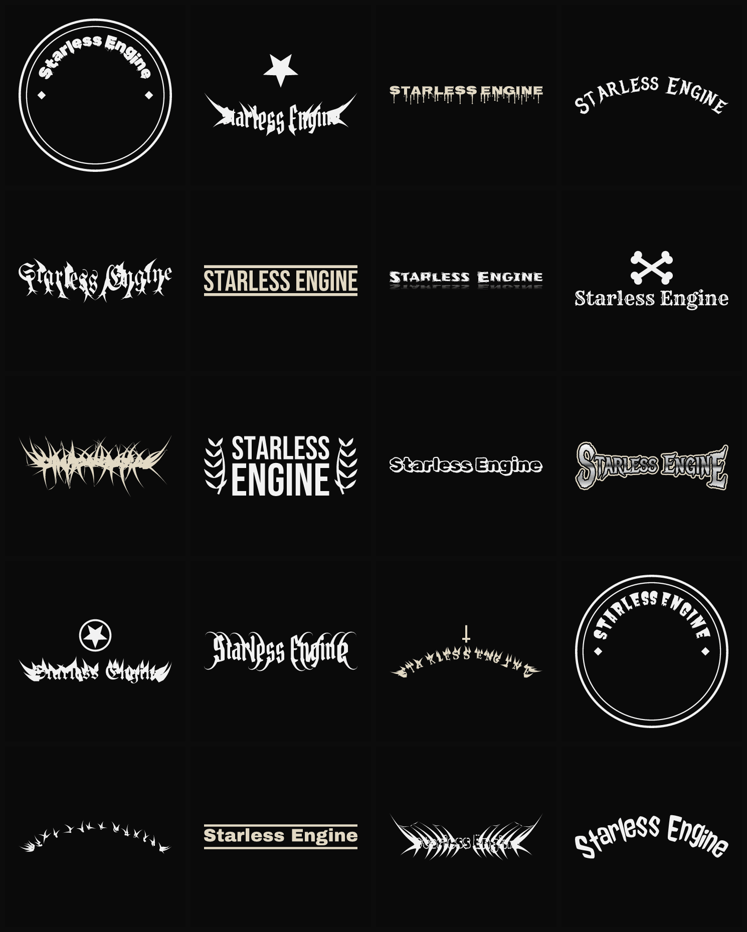 Twenty Starless Engine band logo ideas — different faces, treatments and spike settings