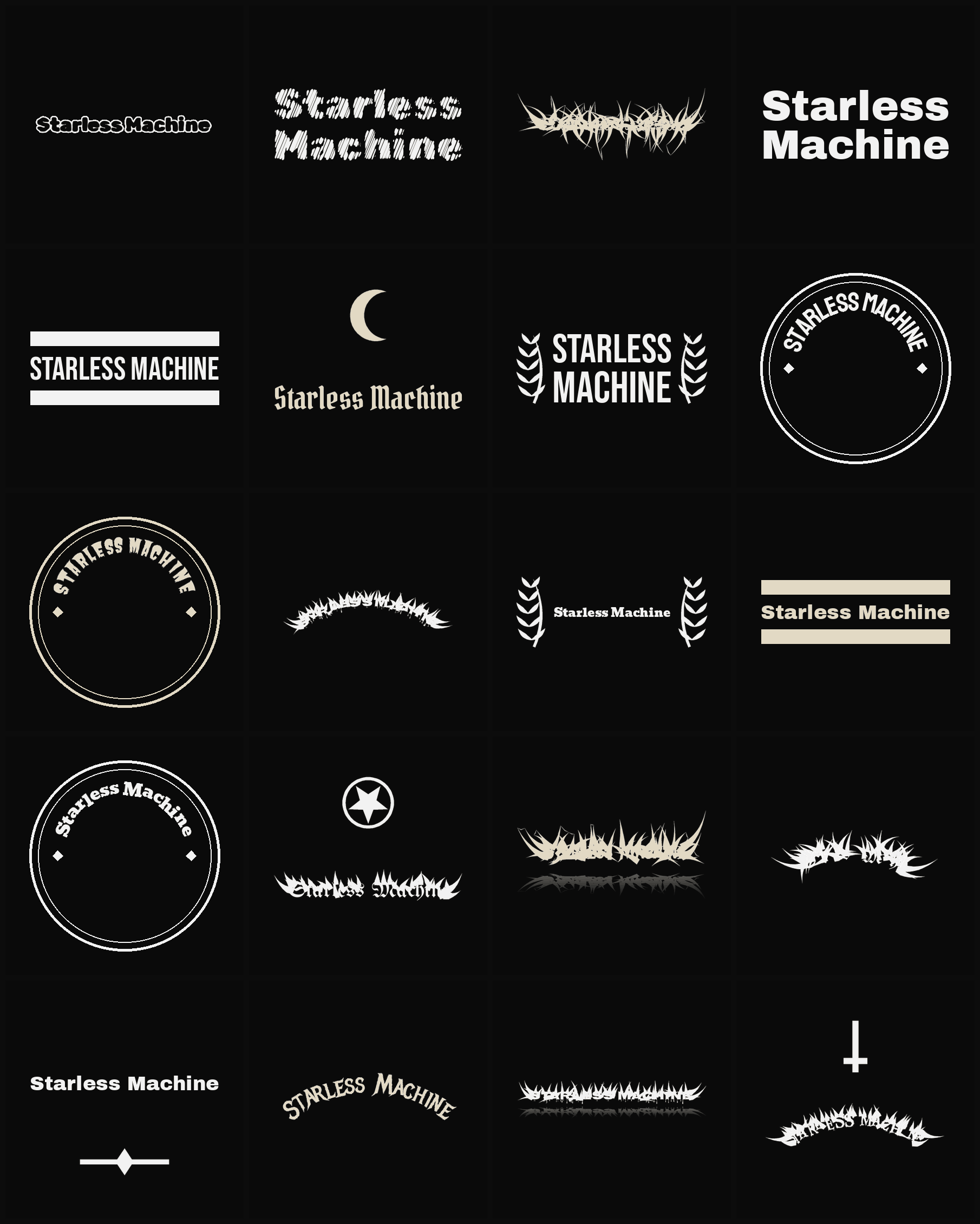 Twenty Starless Machine band logo ideas — different faces, treatments and spike settings