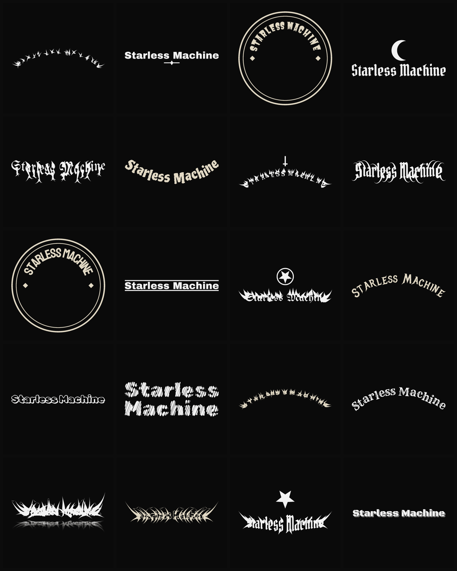 Twenty Starless Machine band logo ideas — different faces, treatments and spike settings