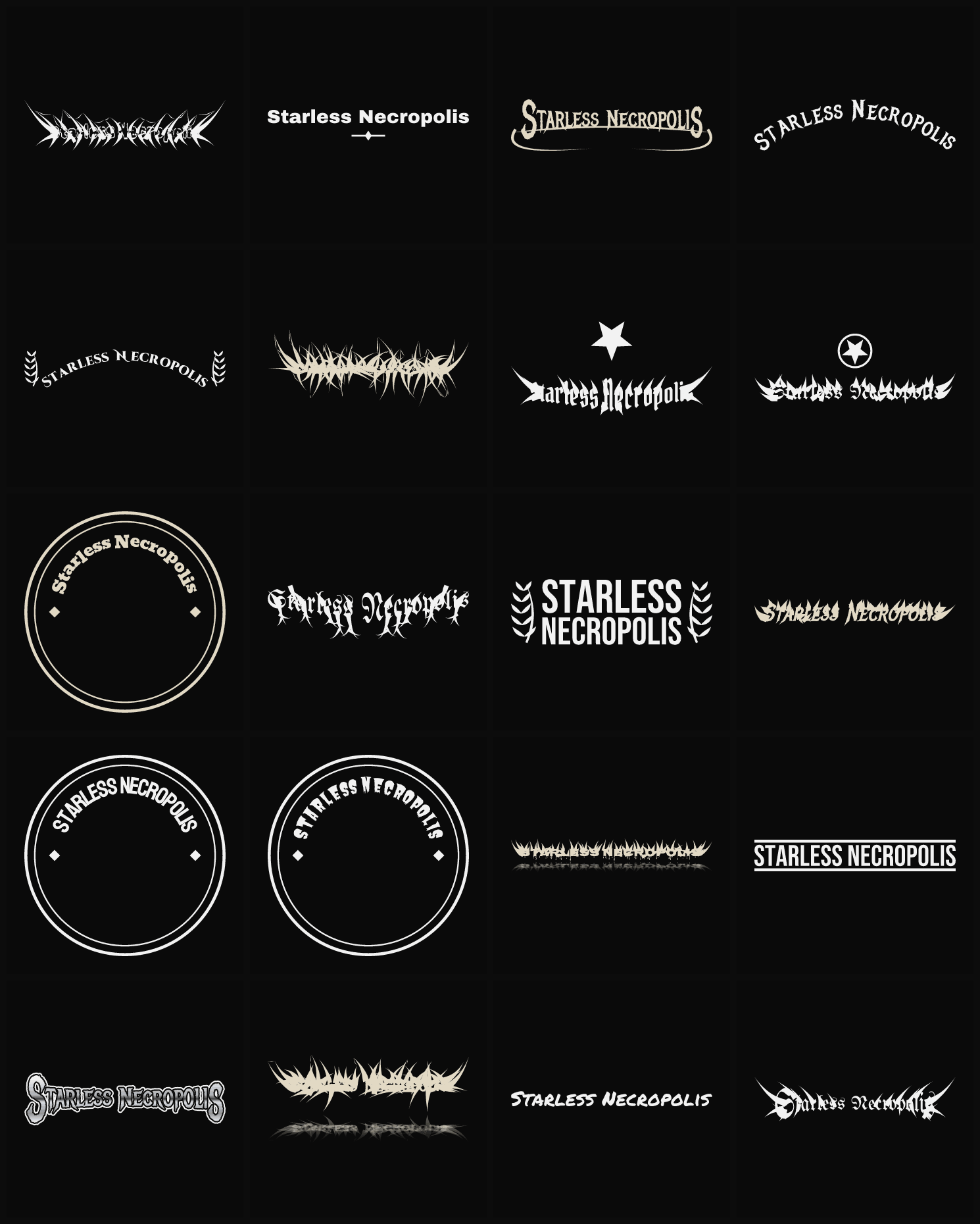 Twenty Starless Necropolis band logo ideas — different faces, treatments and spike settings