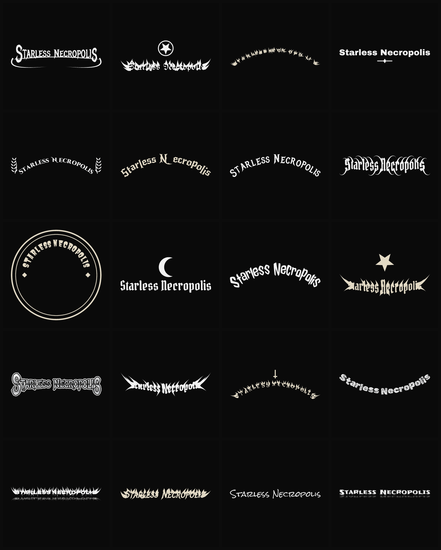 Twenty Starless Necropolis band logo ideas — different faces, treatments and spike settings