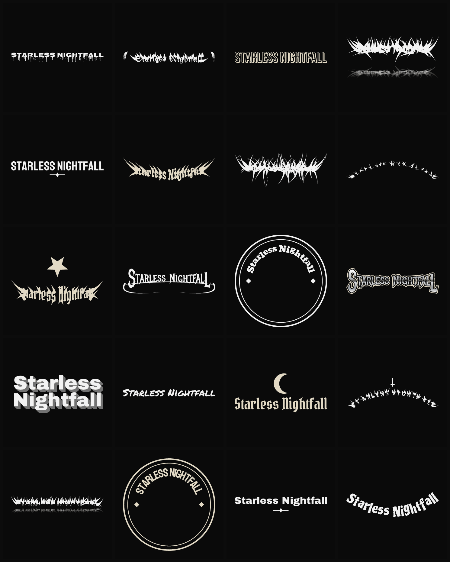 Twenty Starless Nightfall band logo ideas — different faces, treatments and spike settings