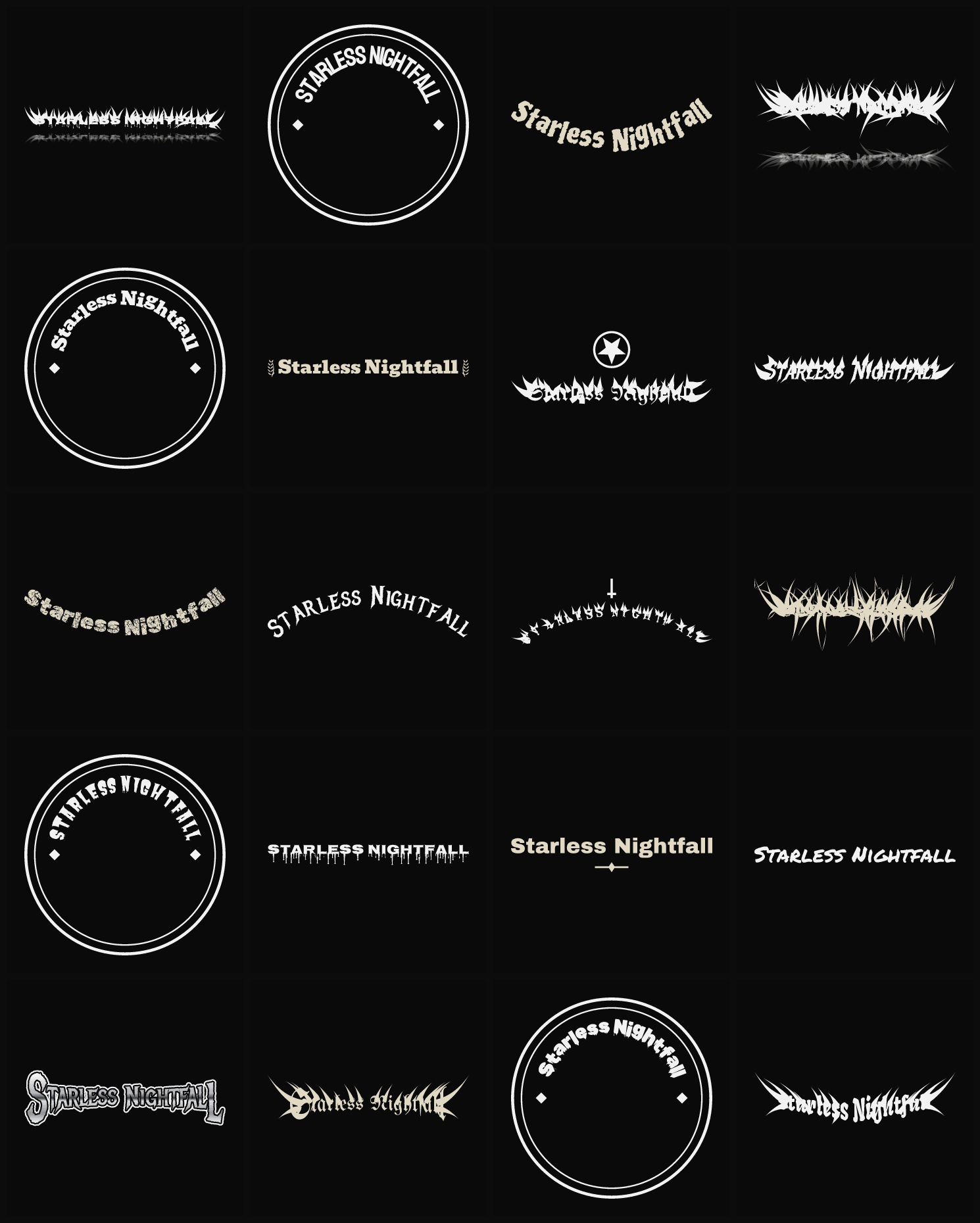 Twenty Starless Nightfall band logo ideas — different faces, treatments and spike settings