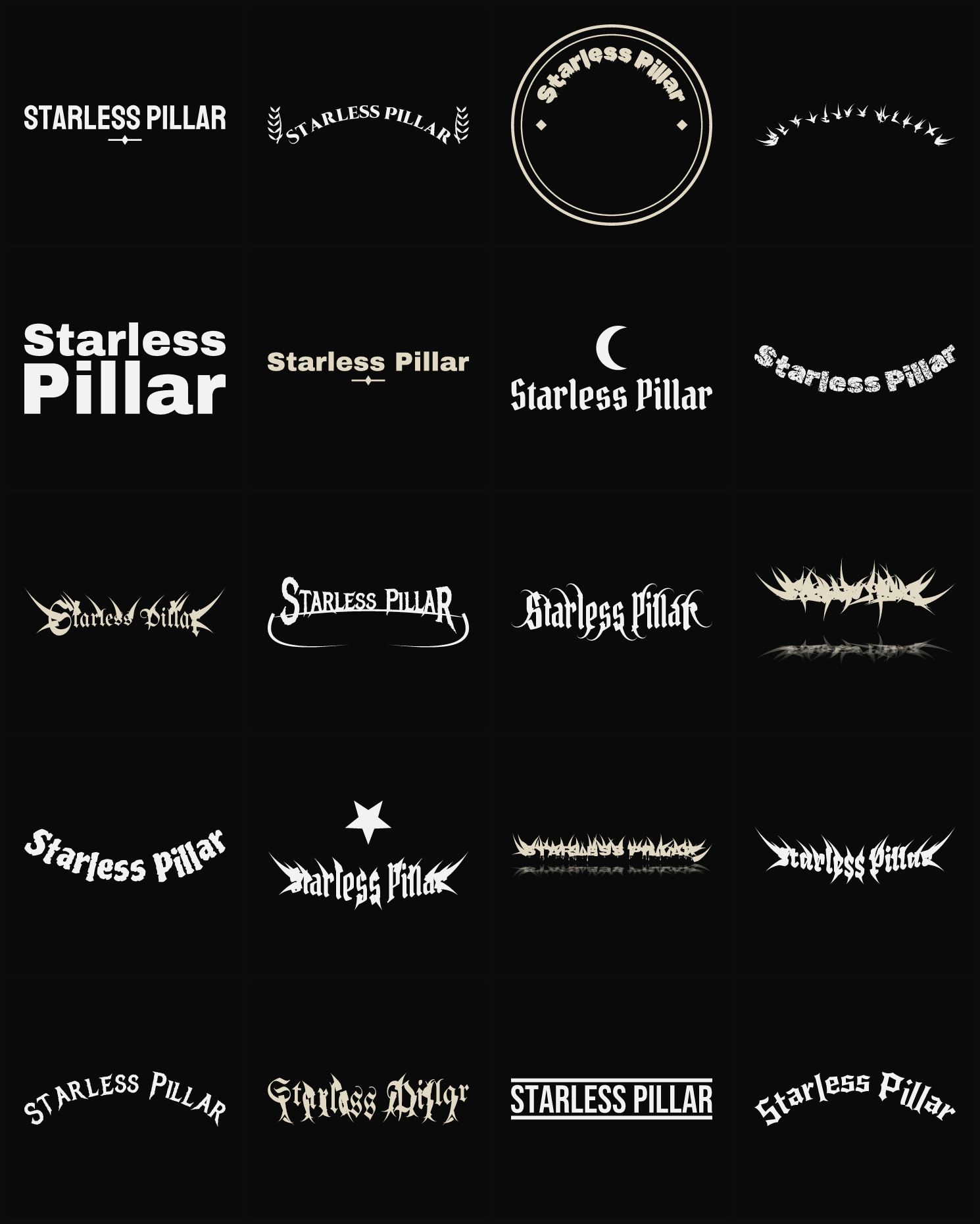 Twenty Starless Pillar band logo ideas — different faces, treatments and spike settings