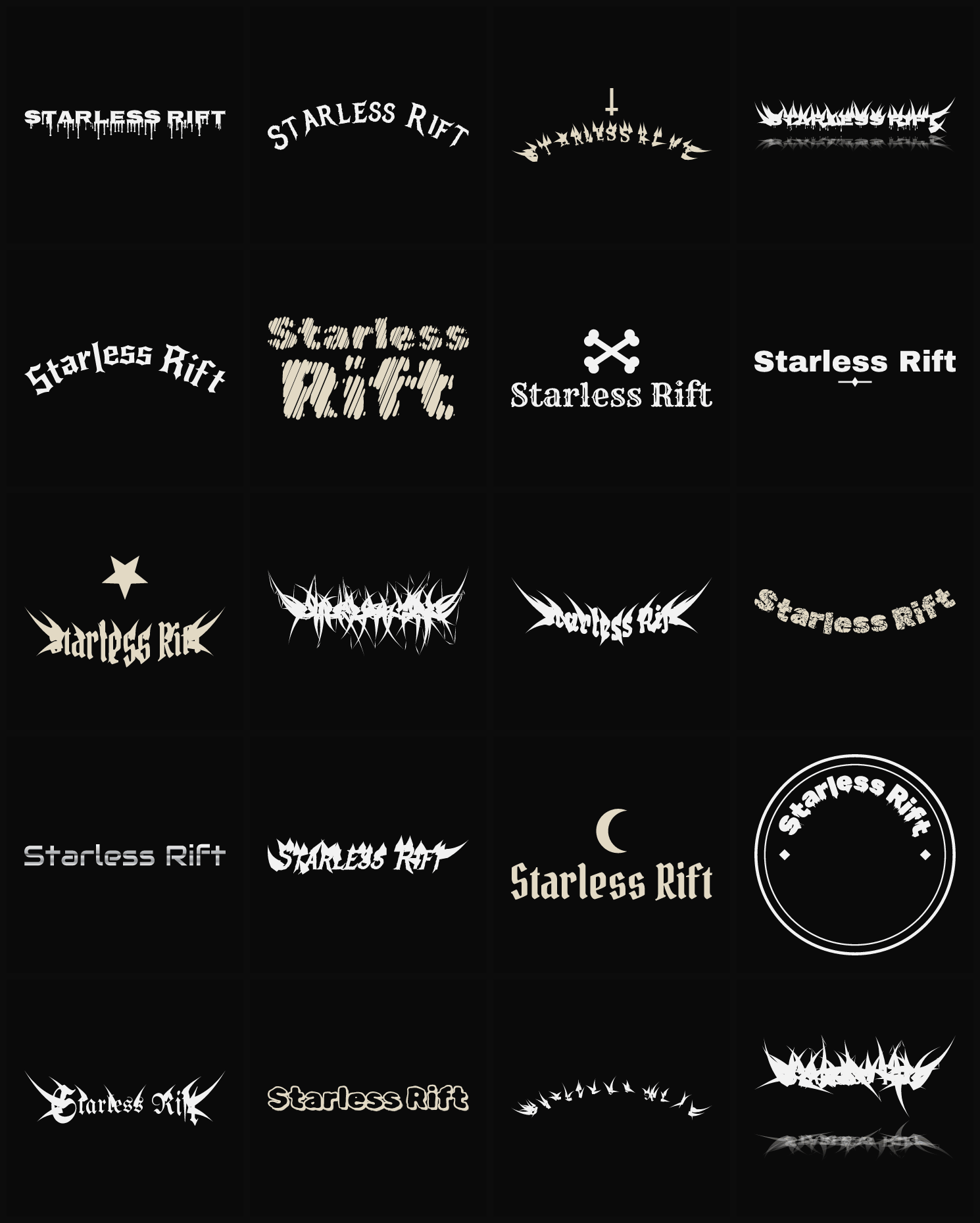 Twenty Starless Rift band logo ideas — different faces, treatments and spike settings