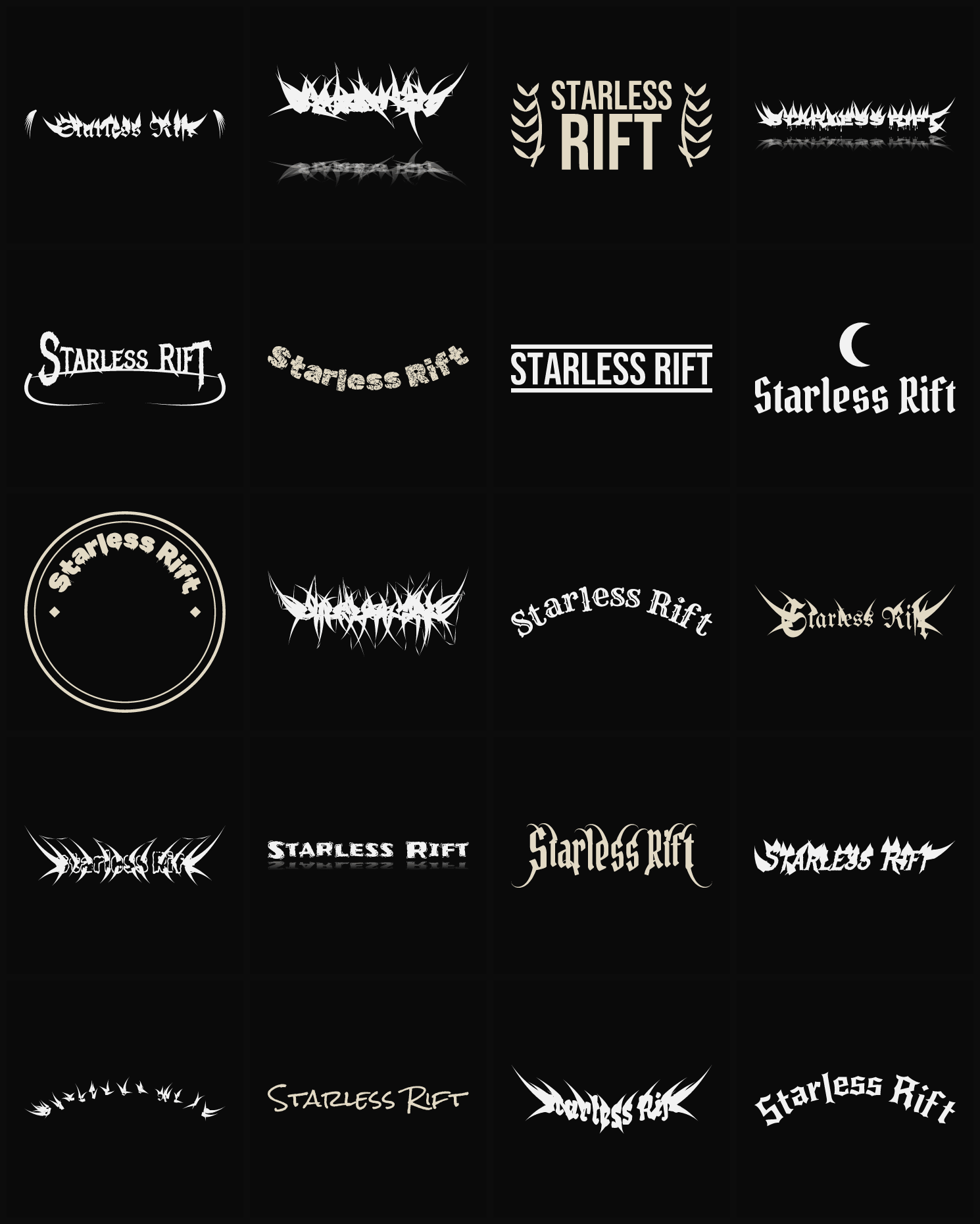 Twenty Starless Rift band logo ideas — different faces, treatments and spike settings
