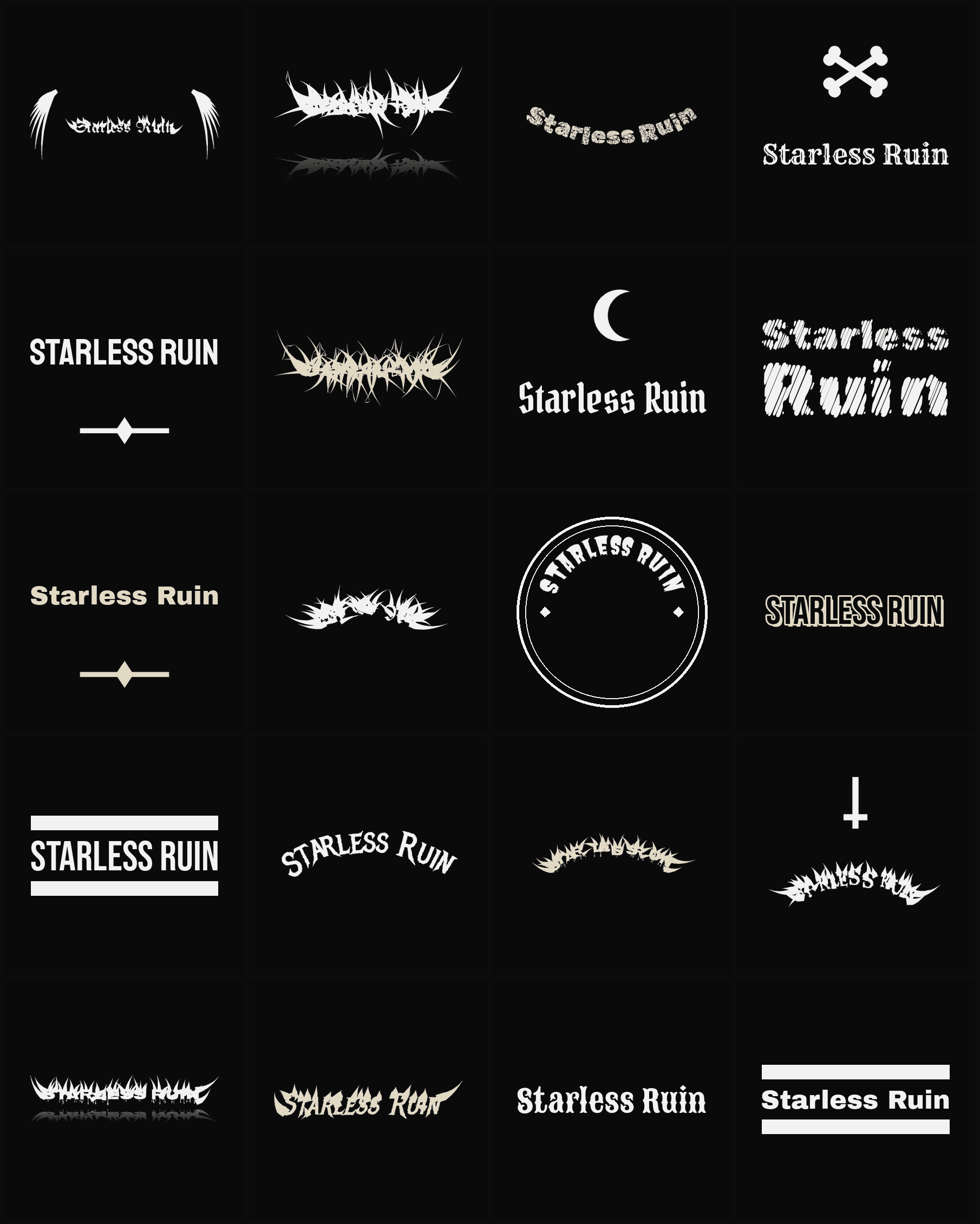 Twenty Starless Ruin band logo ideas — different faces, treatments and spike settings