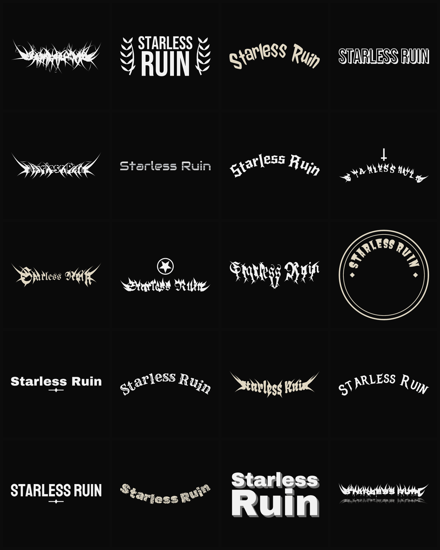 Twenty Starless Ruin band logo ideas — different faces, treatments and spike settings