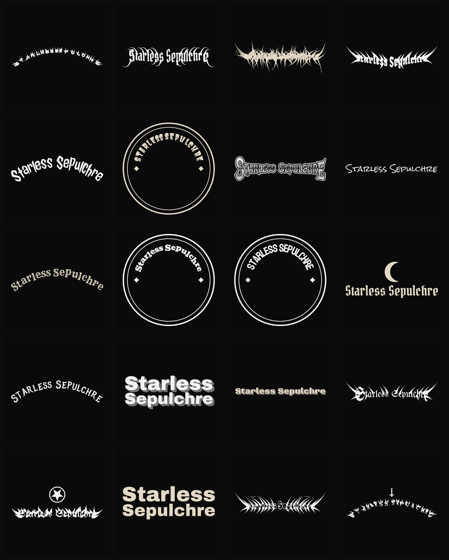 Twenty Starless Sepulchre band logo ideas — different faces, treatments and spike settings