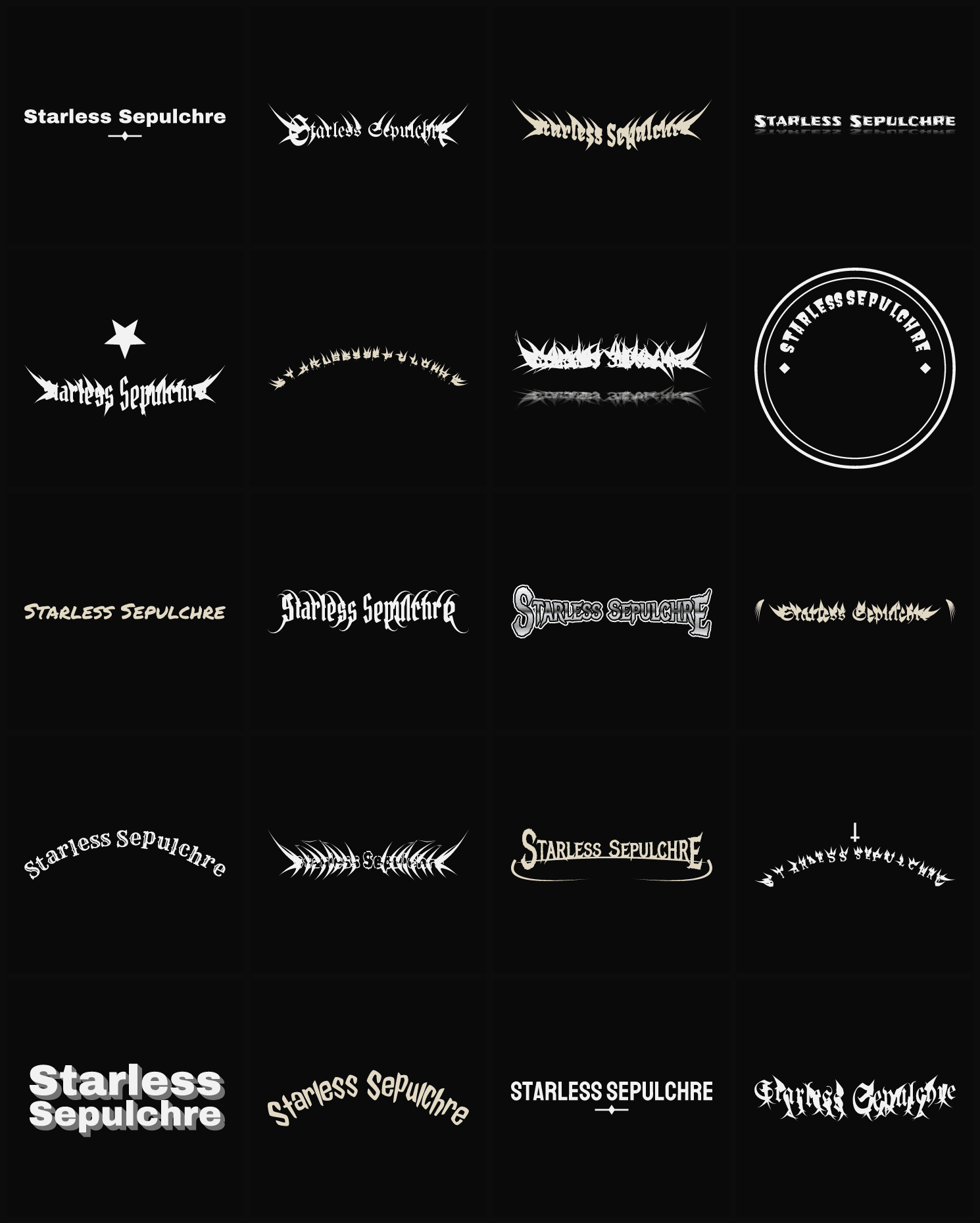 Twenty Starless Sepulchre band logo ideas — different faces, treatments and spike settings