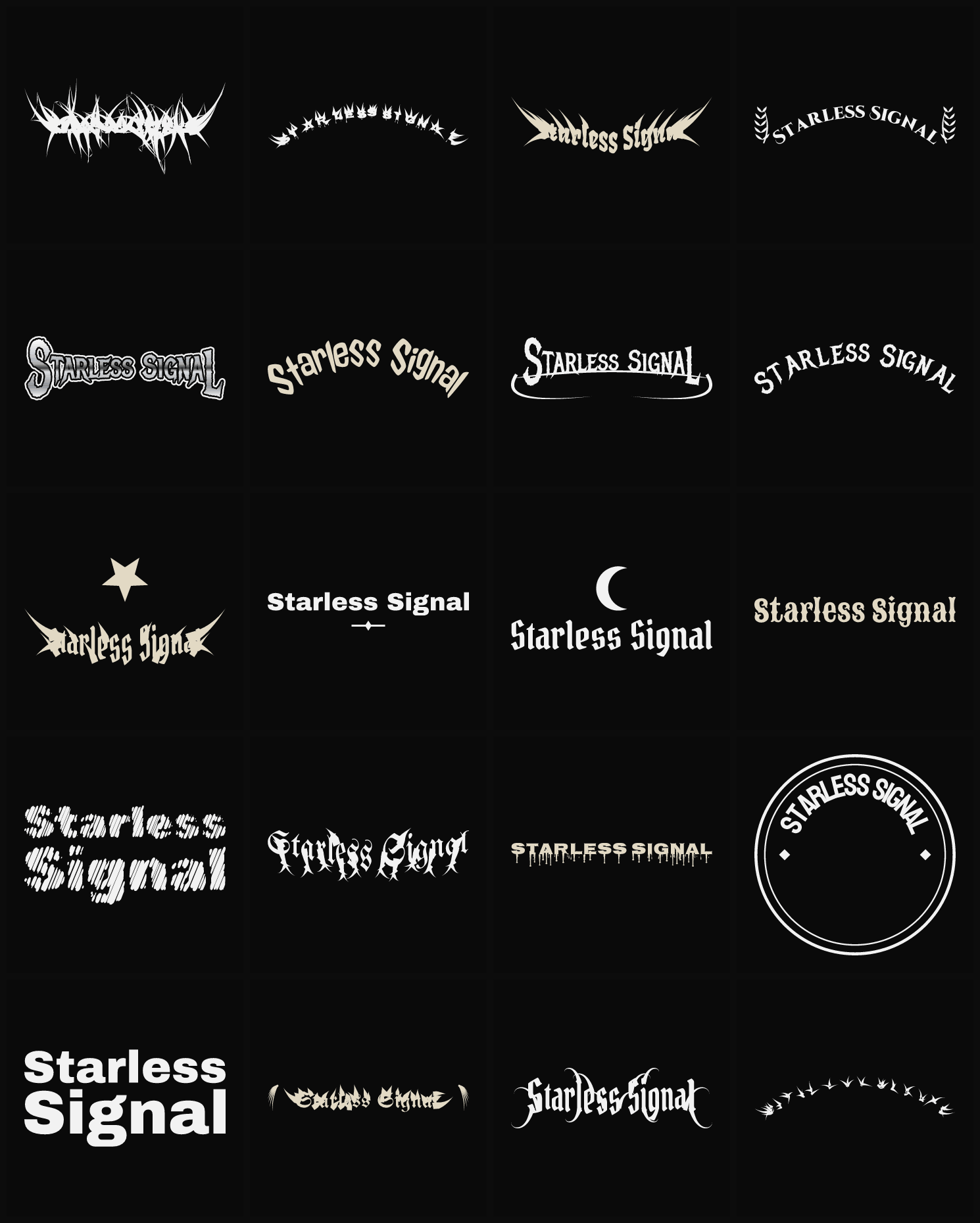 Twenty Starless Signal band logo ideas — different faces, treatments and spike settings