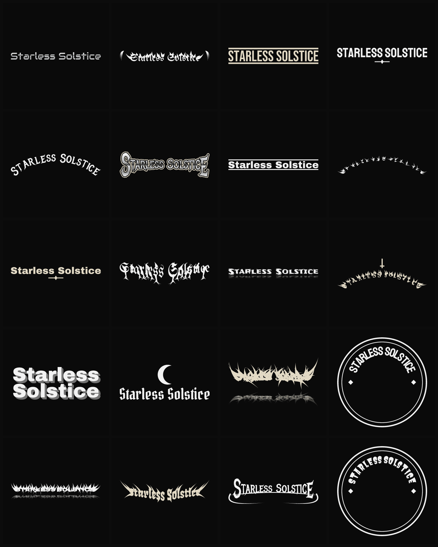 Twenty Starless Solstice band logo ideas — different faces, treatments and spike settings