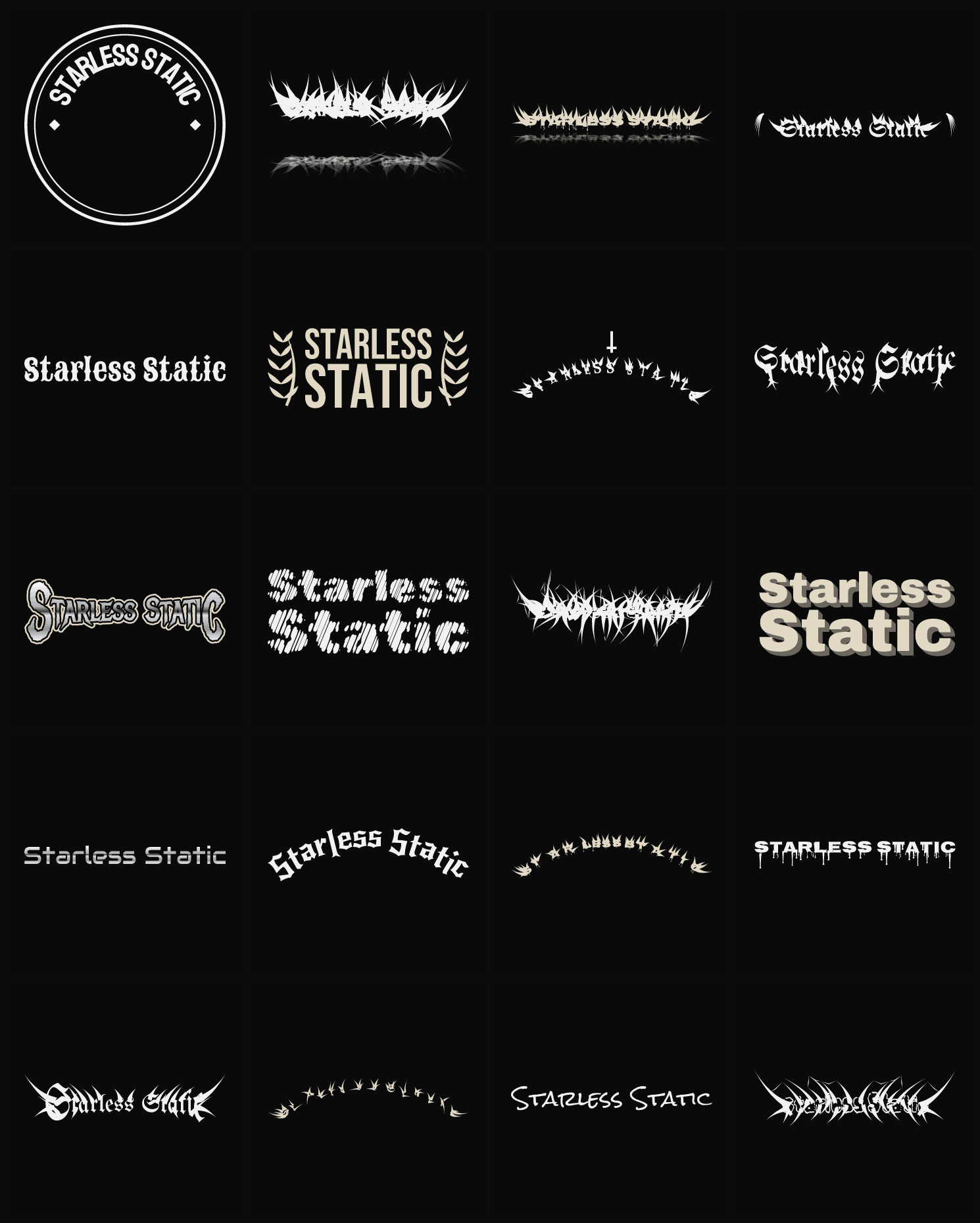 Twenty Starless Static band logo ideas — different faces, treatments and spike settings