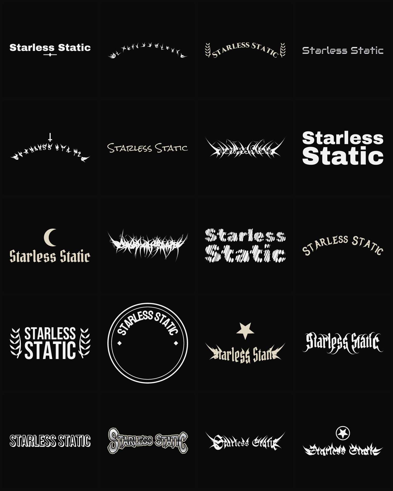 Twenty Starless Static band logo ideas — different faces, treatments and spike settings