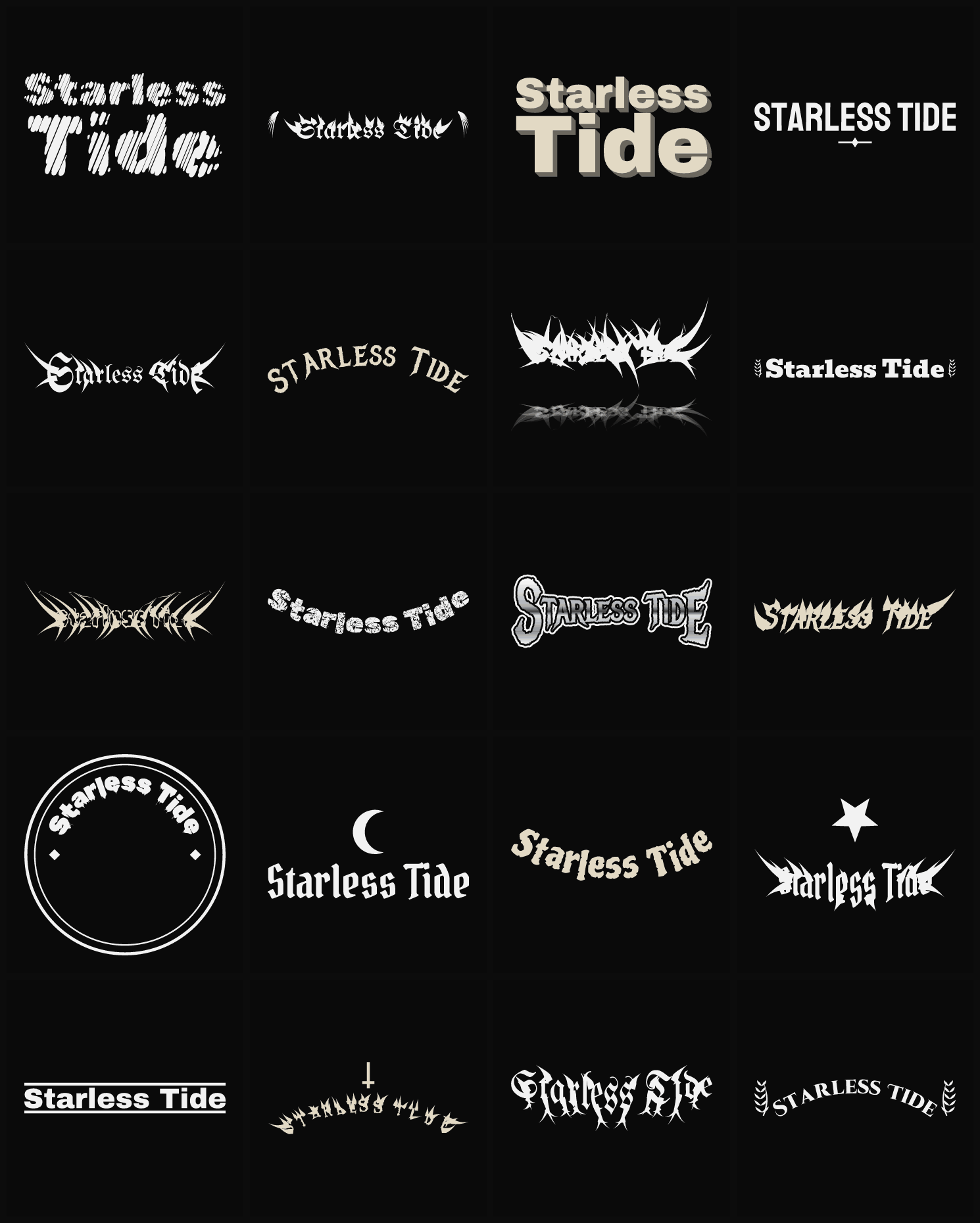 Twenty Starless Tide band logo ideas — different faces, treatments and spike settings