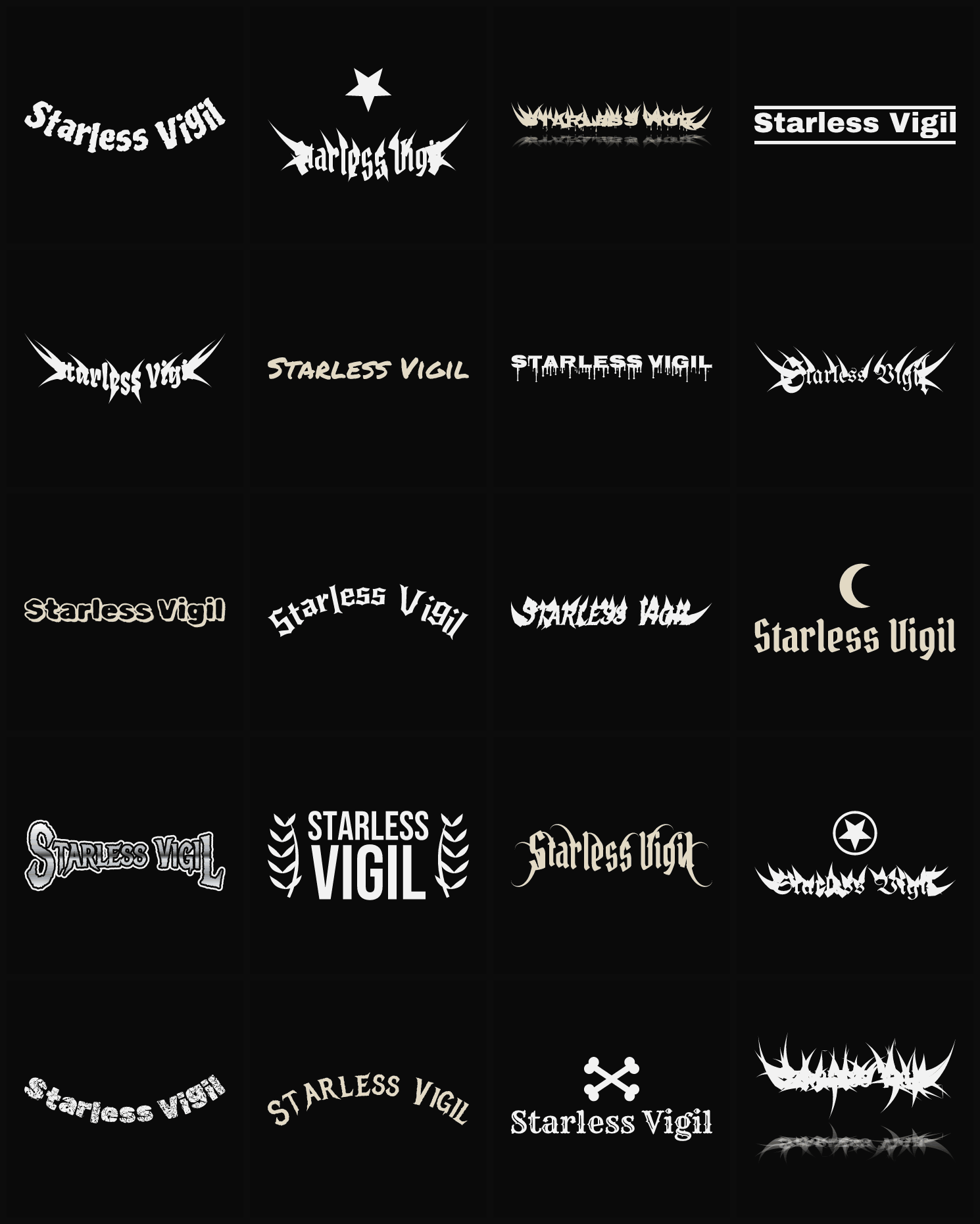 Twenty Starless Vigil band logo ideas — different faces, treatments and spike settings