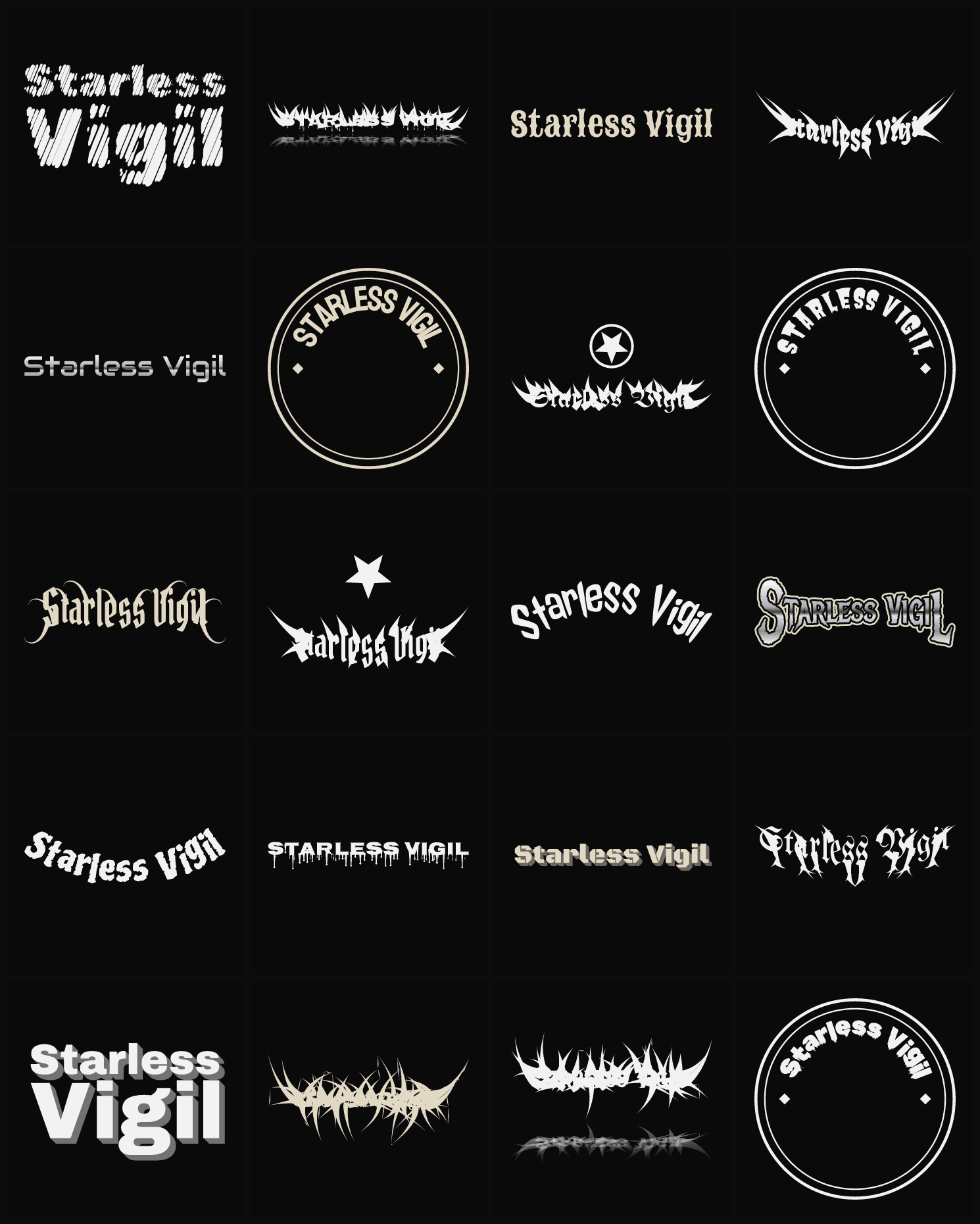 Twenty Starless Vigil band logo ideas — different faces, treatments and spike settings