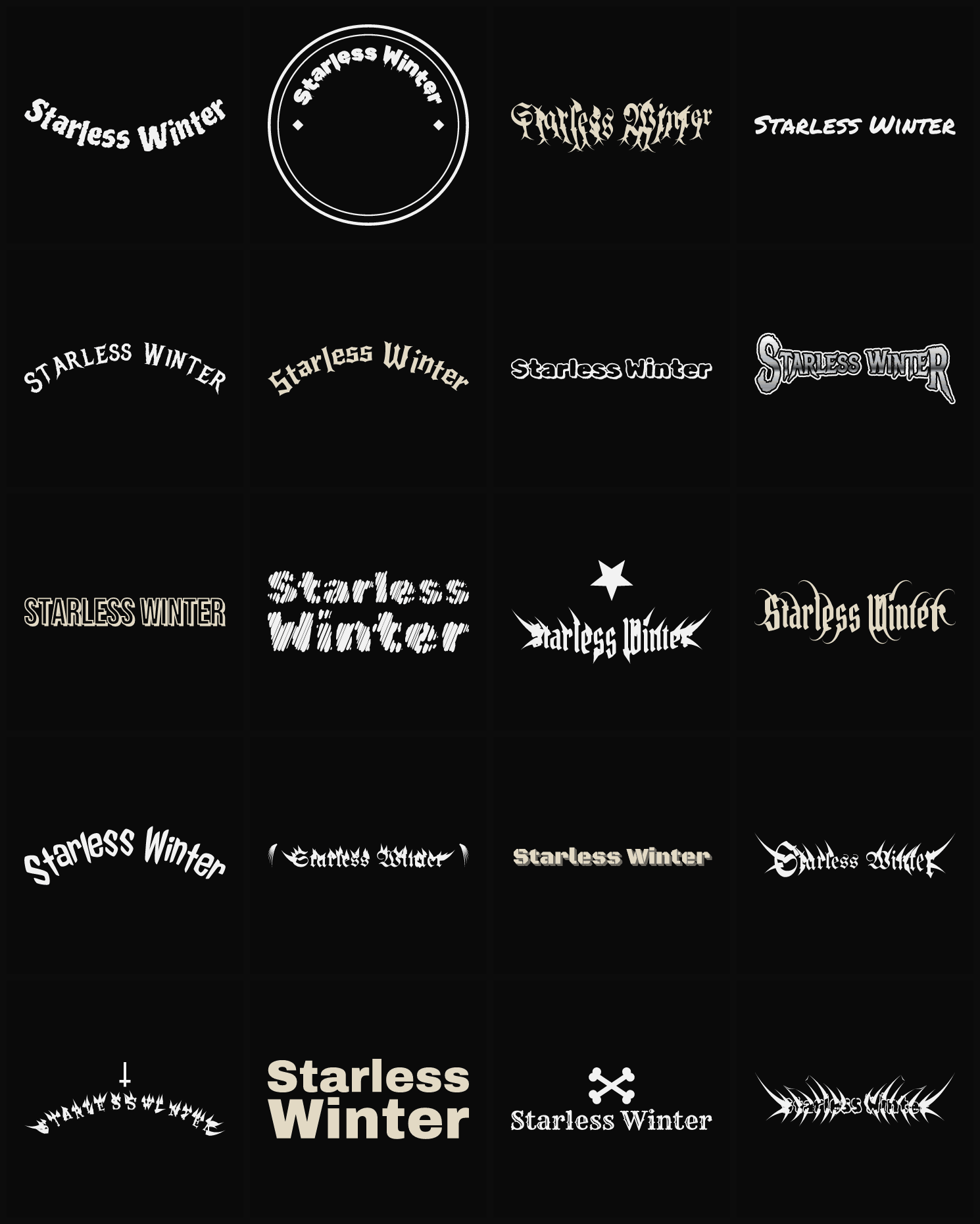 Twenty Starless Winter band logo ideas — different faces, treatments and spike settings