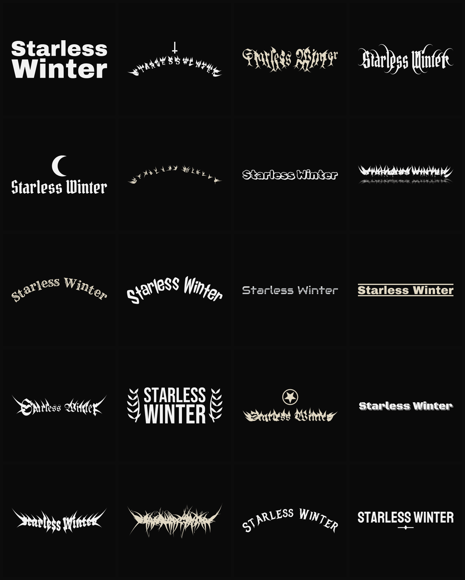 Twenty Starless Winter band logo ideas — different faces, treatments and spike settings
