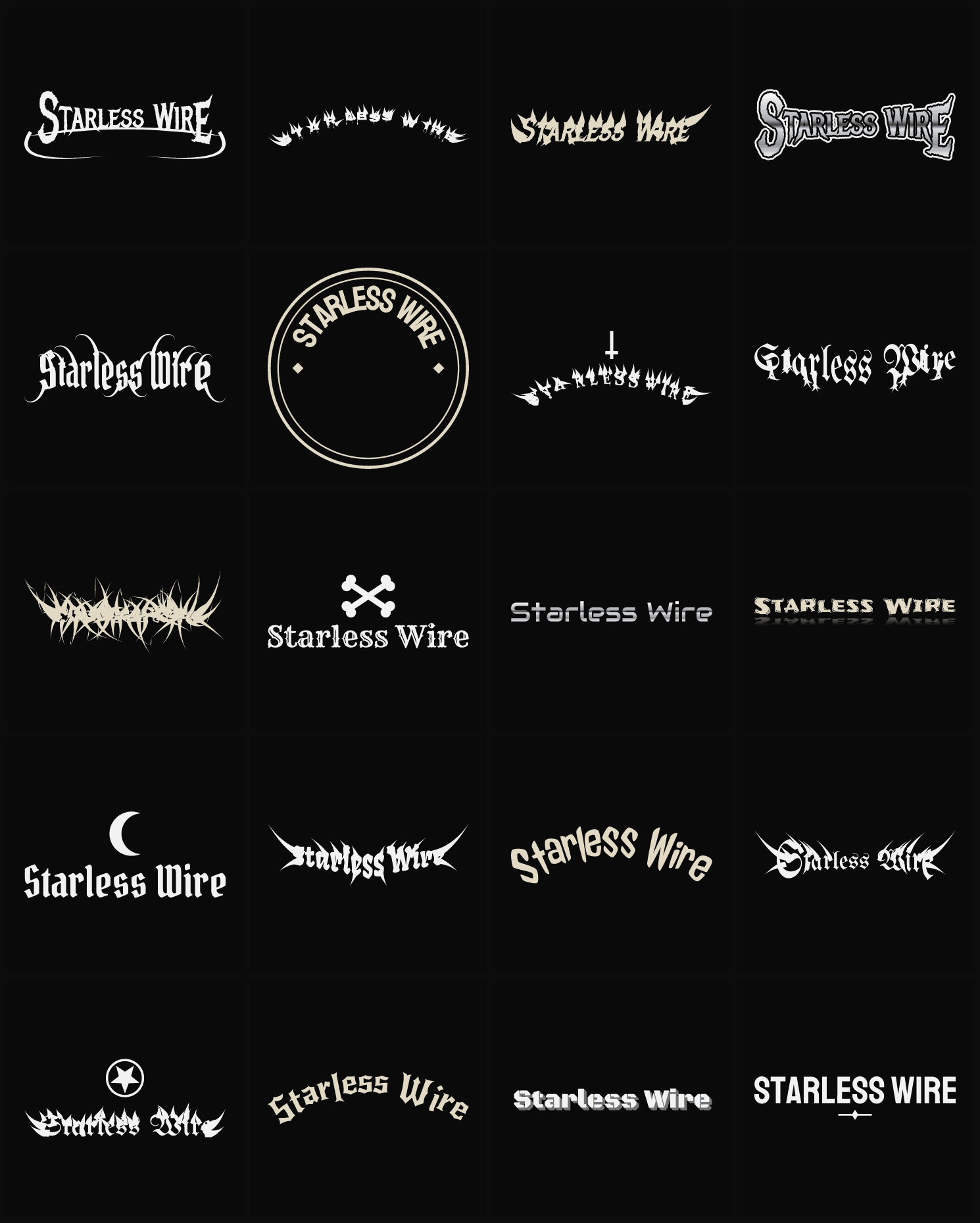 Twenty Starless Wire band logo ideas — different faces, treatments and spike settings