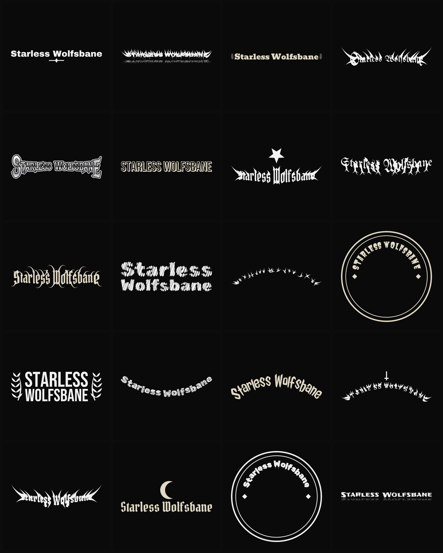 Twenty Starless Wolfsbane band logo ideas — different faces, treatments and spike settings