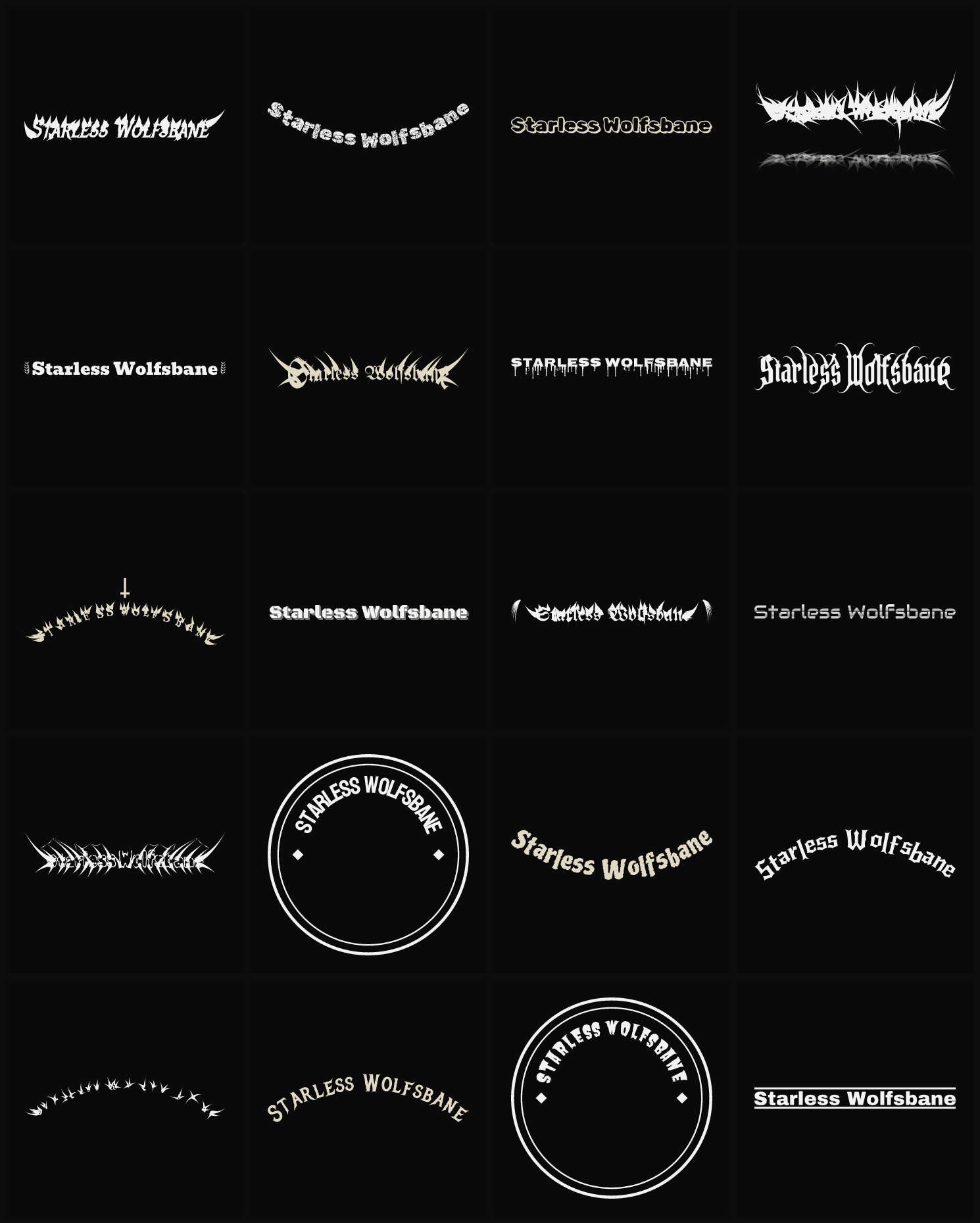 Twenty Starless Wolfsbane band logo ideas — different faces, treatments and spike settings